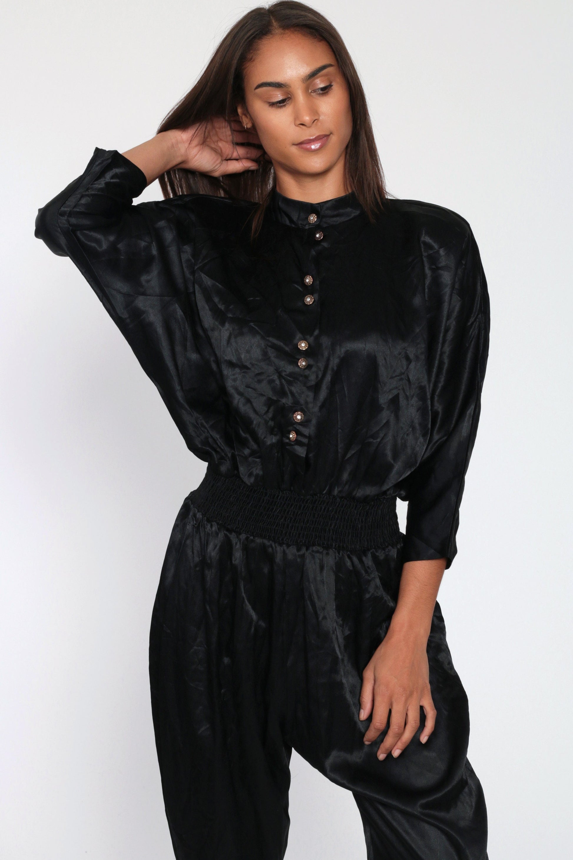 80s Black Satin Jumpsuit Dolman Sleeve Button-Up Tapered Small Medium