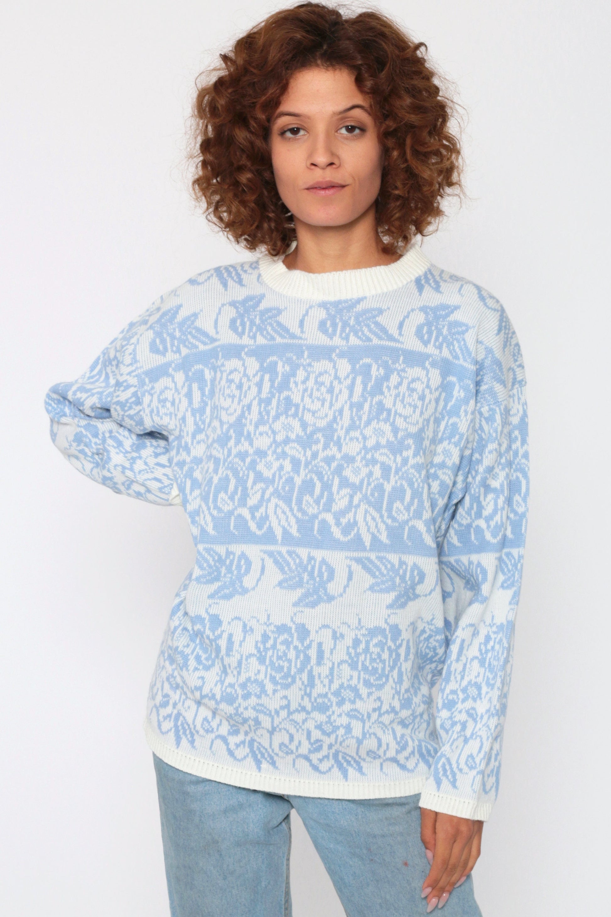 90s Blue Floral Knit Sweater Pullover White Graphic Print Small