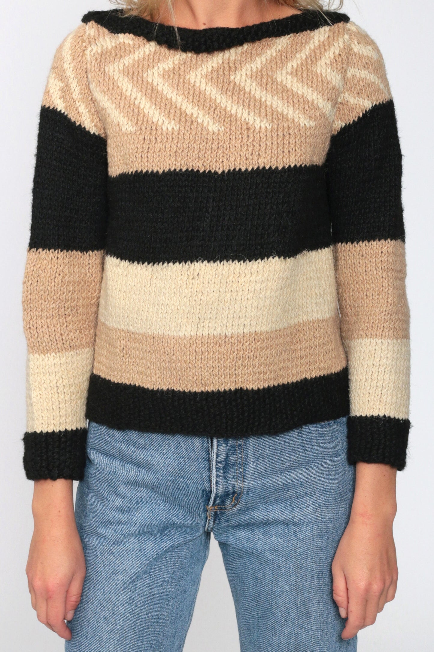 80s Handmade Wool Striped Boat Neck Sweater Tan Cream Black Cropped Extra Small