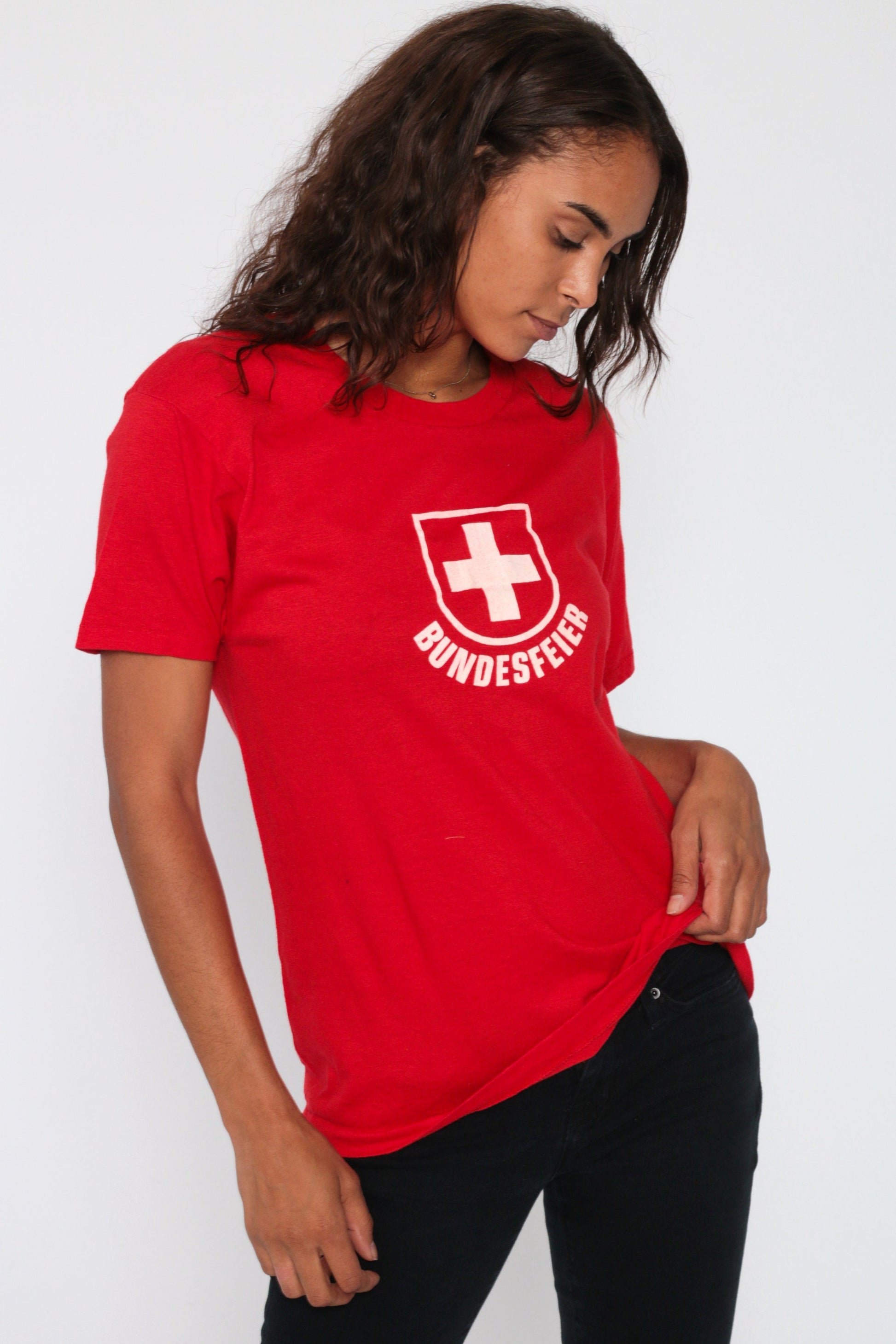80s Swiss Bundesfeier T-Shirt Red Cotton Graphic Tee Medium