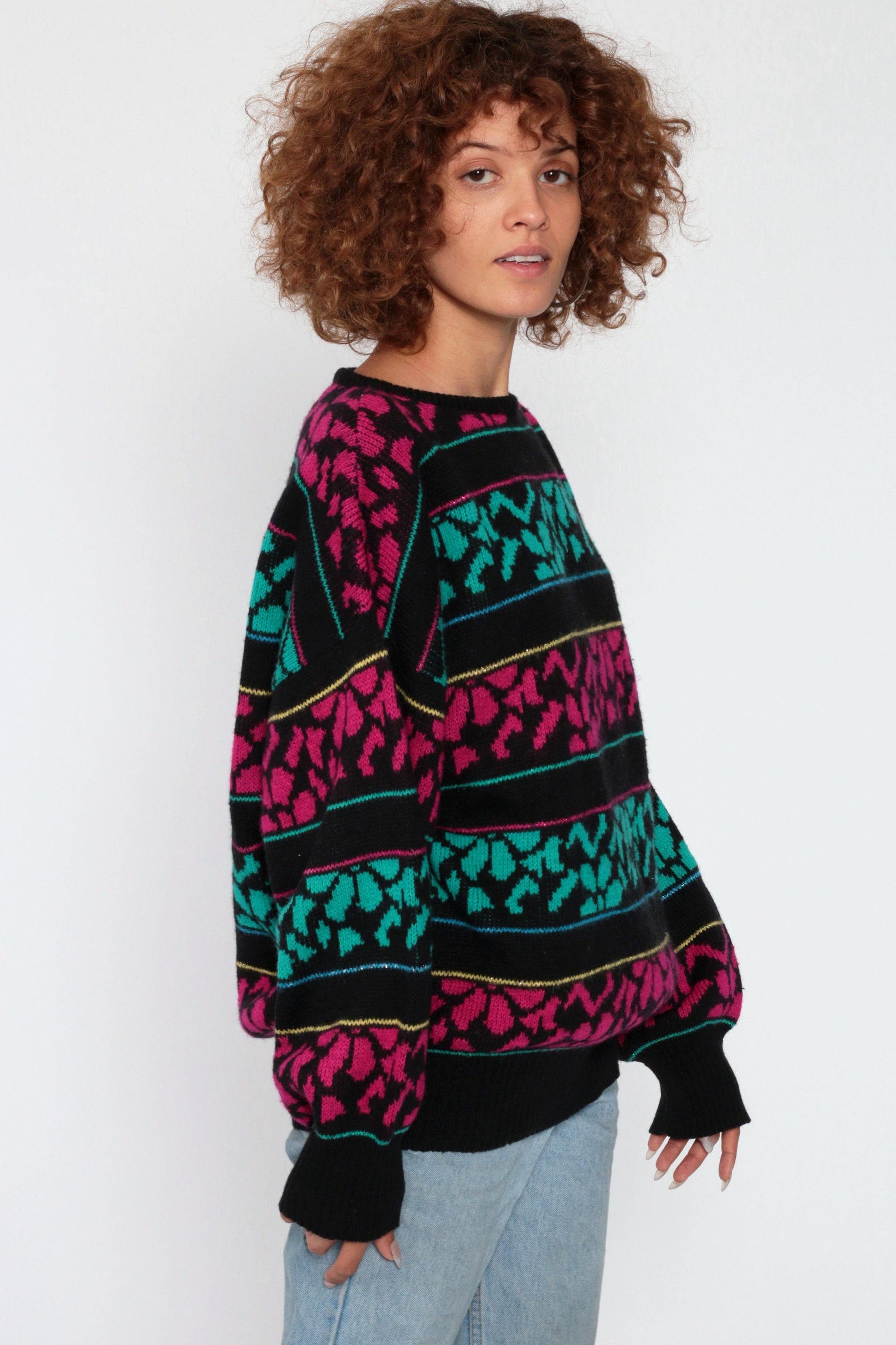 90s Metallic Floral Sweater Black Wool Acrylic Knit Pullover Large