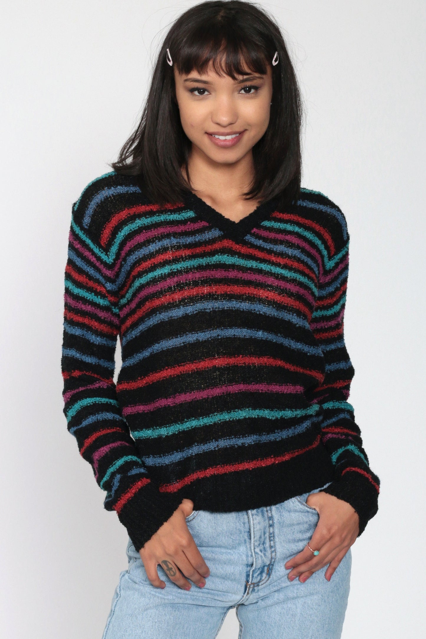 80s Black Striped V-Neck Sweater Pullover Knit Small