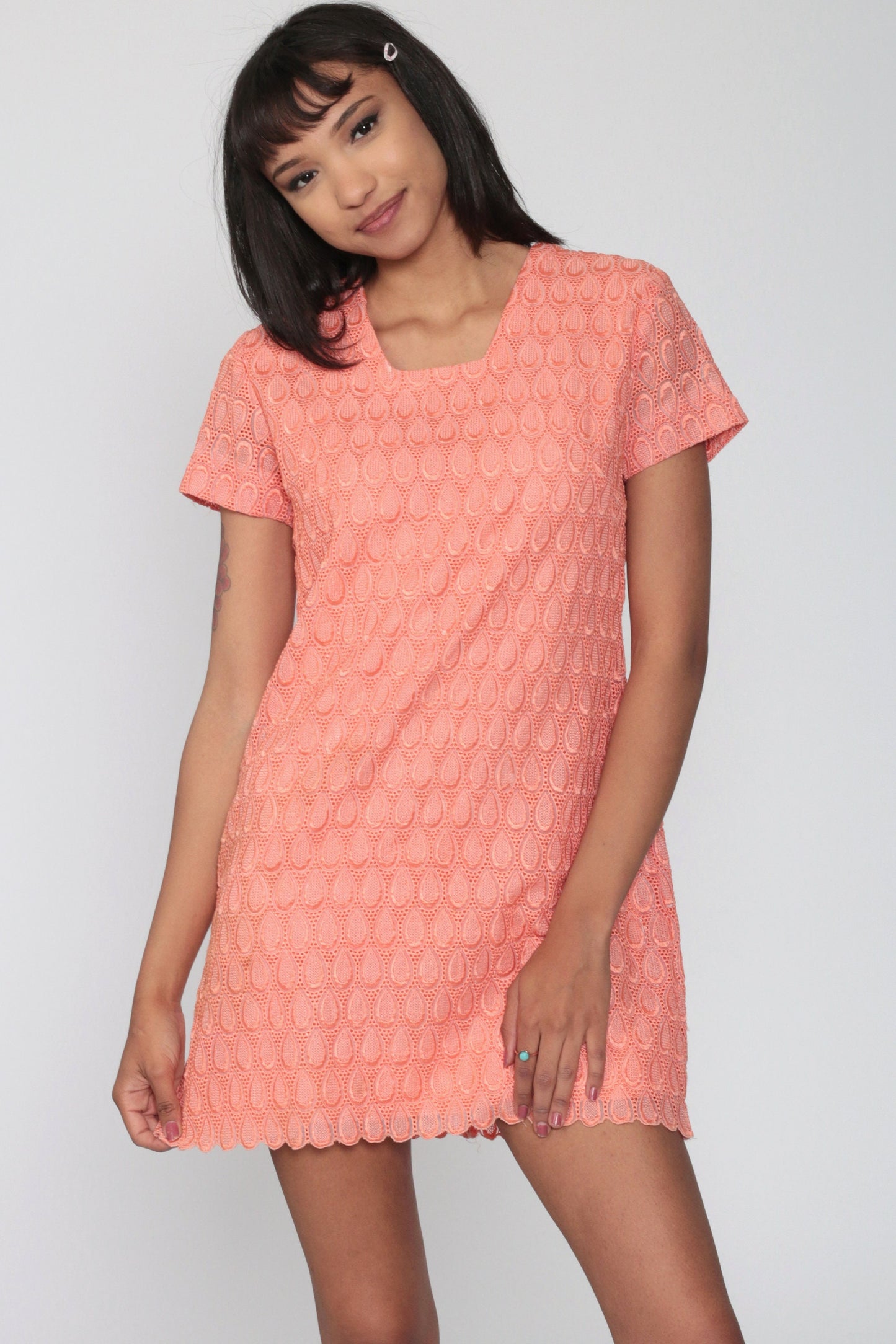 60s Orange Lace Mini Dress Shift Cocktail Short Sleeve Small