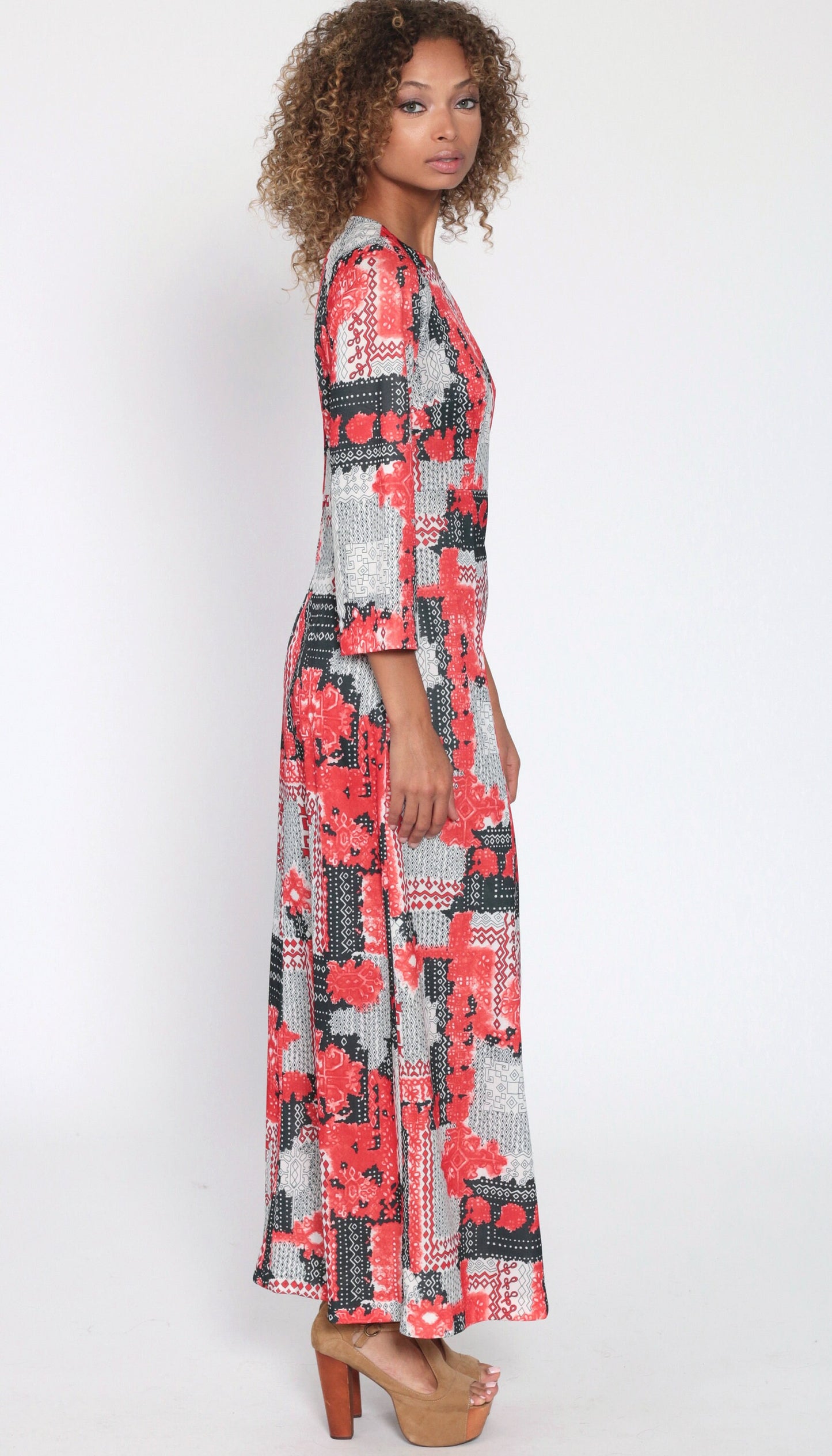 70s Abstract Geometric Maxi Dress High Waist Long Sleeve Red White Black Small