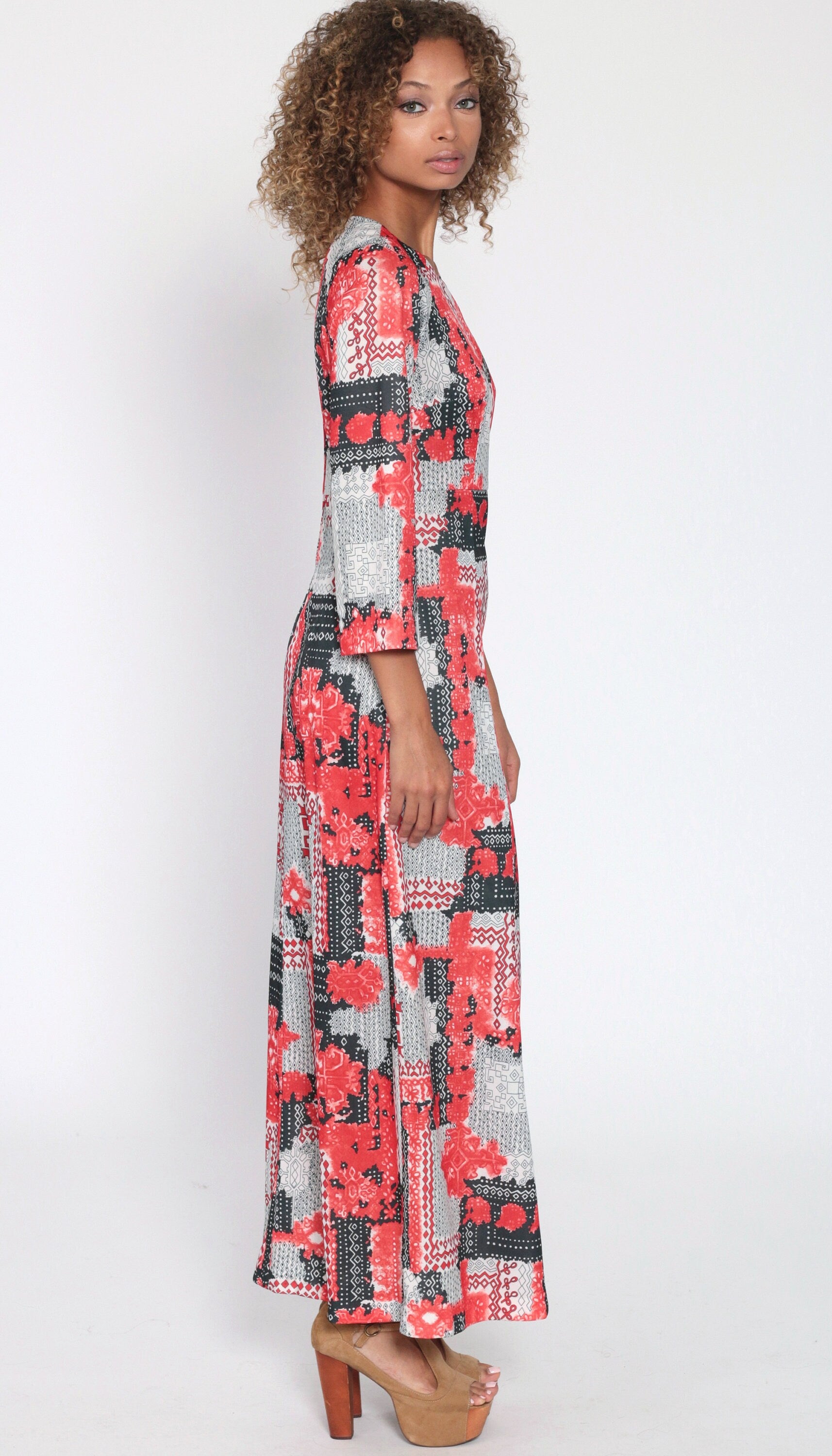 70s Abstract Geometric Maxi Dress High Waist Long Sleeve Red White Black Small