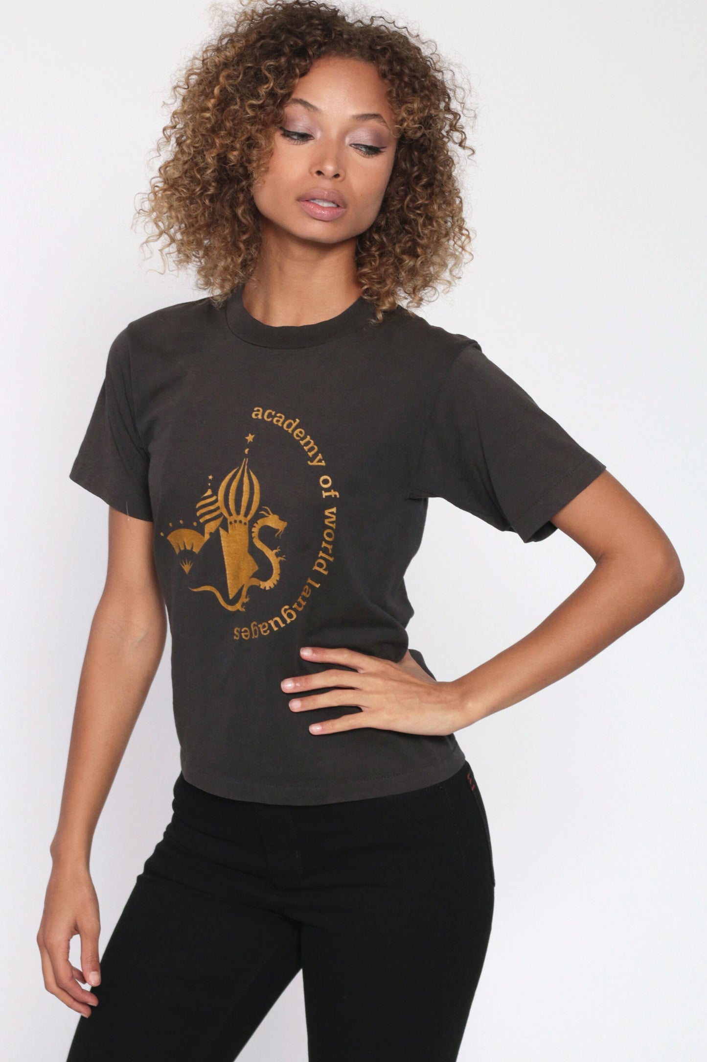 Academy of World Languages Graphic T-Shirt Black Single Stitch 90s Extra Small XS