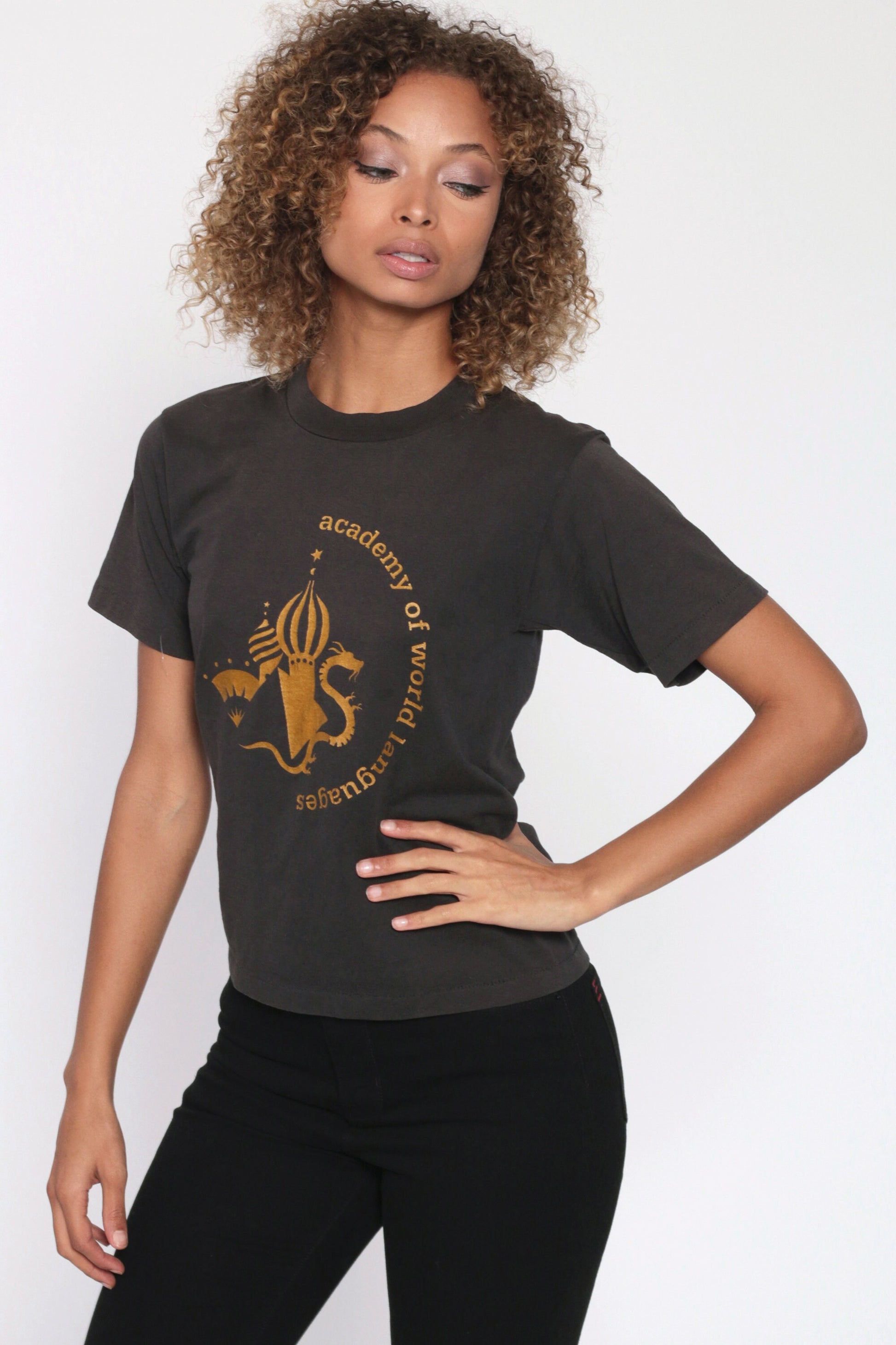 Academy of World Languages Graphic T-Shirt Black Single Stitch 90s Extra Small XS