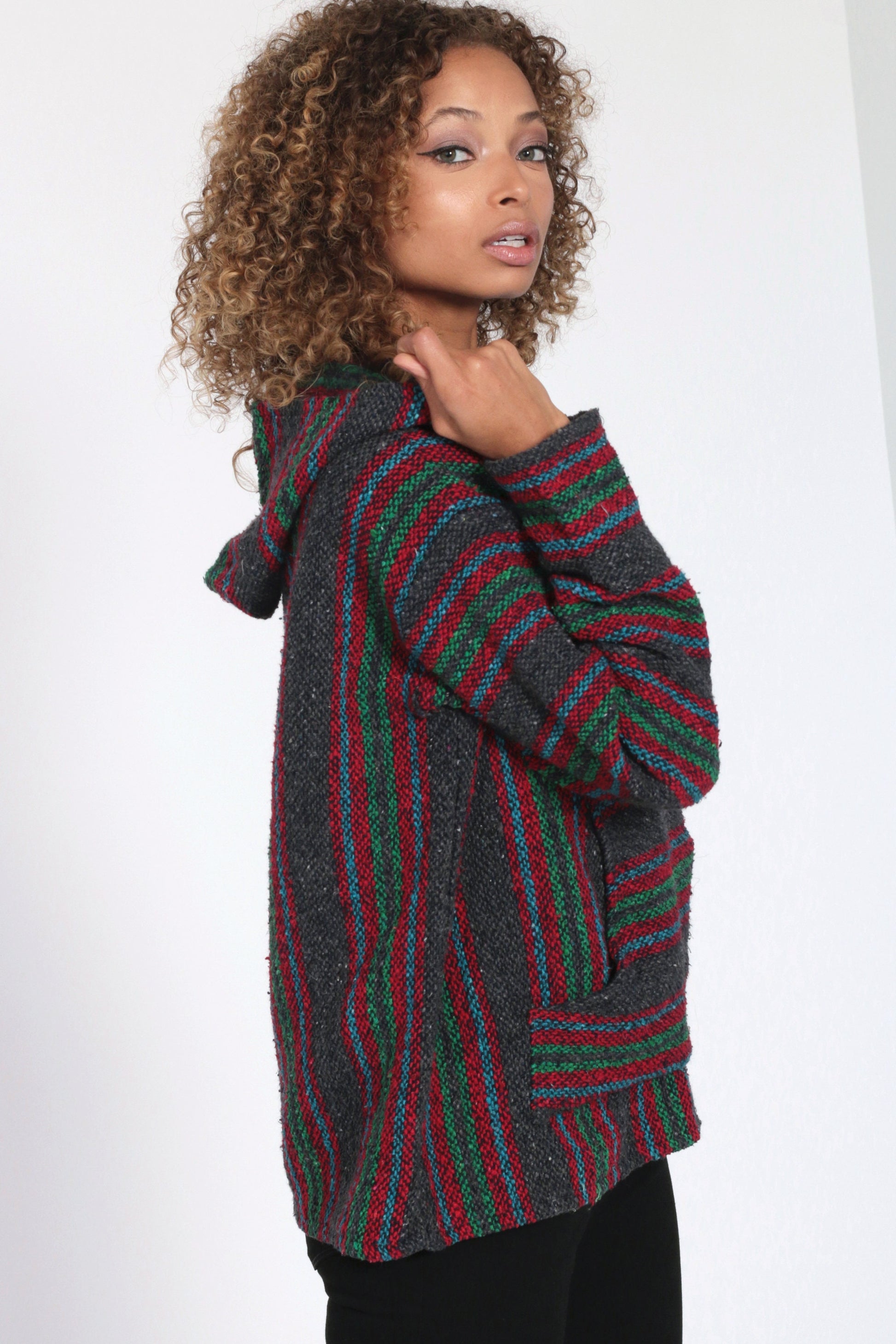 90s Mexican Drug Rug Baja Hoodie Grey Red Stripe Kangaroo Pocket Large