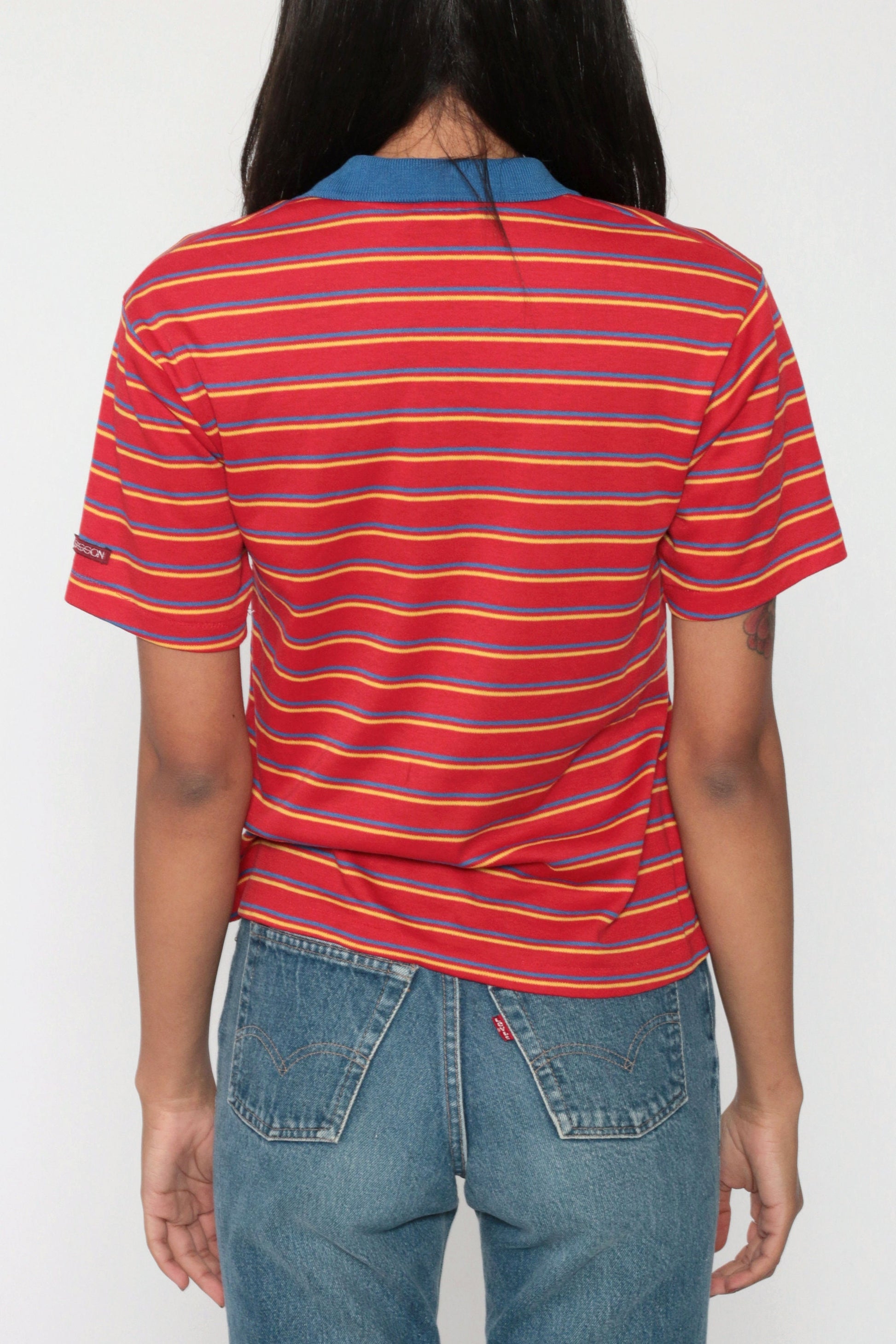 80s Sasson Polo Shirt Red Striped Half-Button Cotton Small