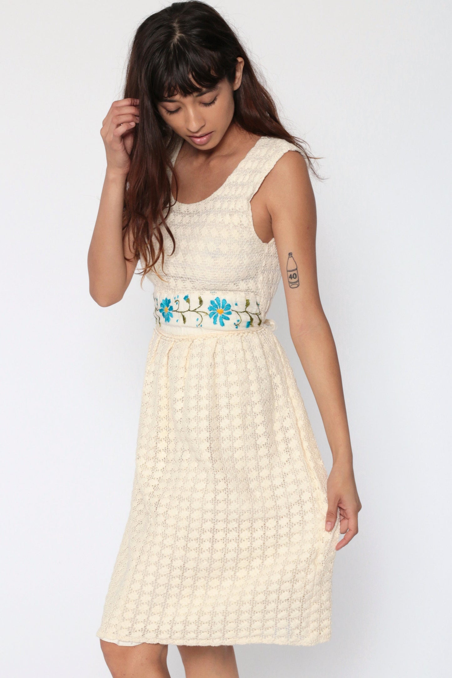 Vintage Mexican Crochet Lace Mini Dress Cream Cotton Floral Embroidered Extra Small