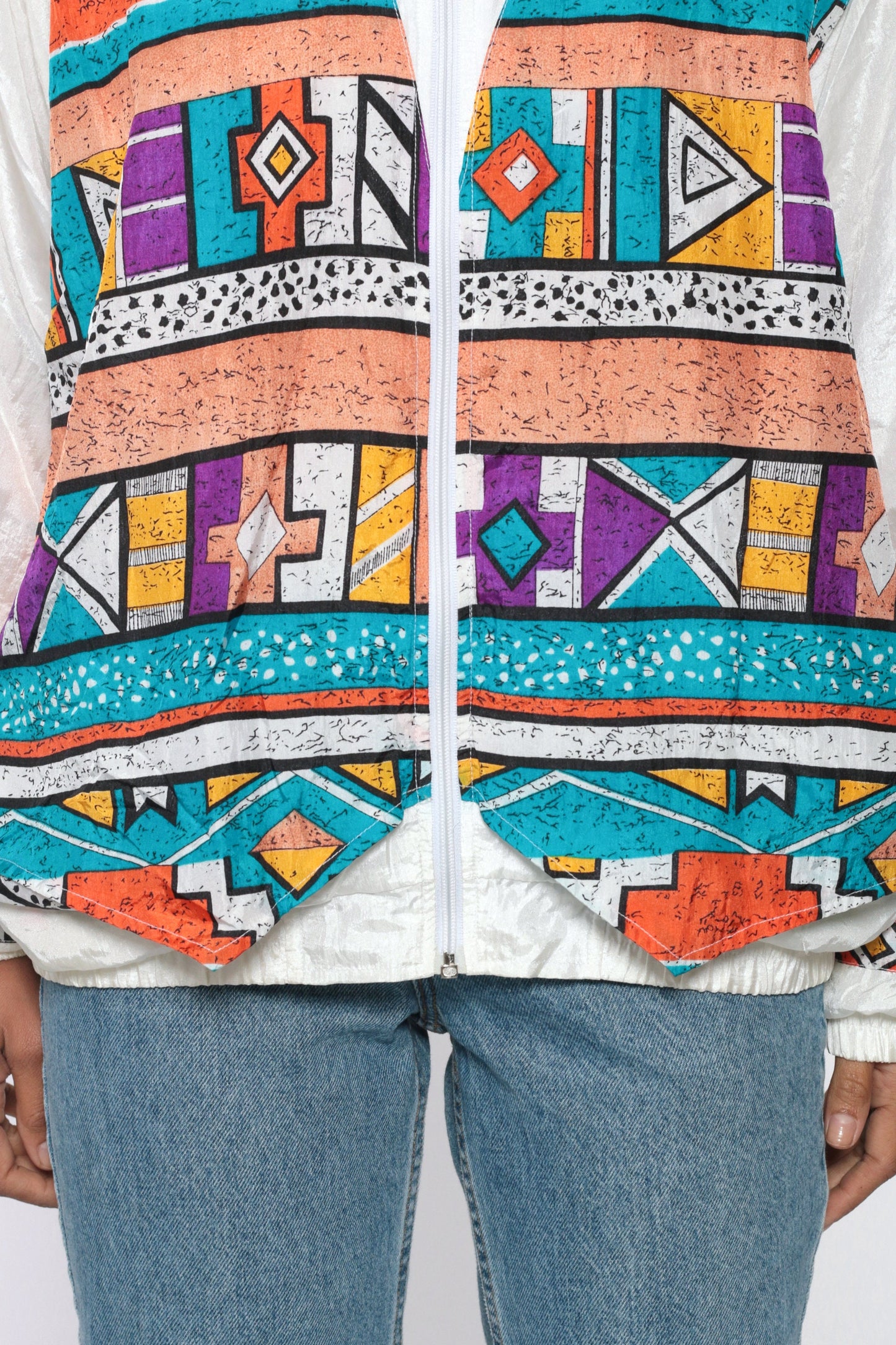 90s Tribal Geometric Windbreaker Jacket White Southwestern Nylon Medium Large