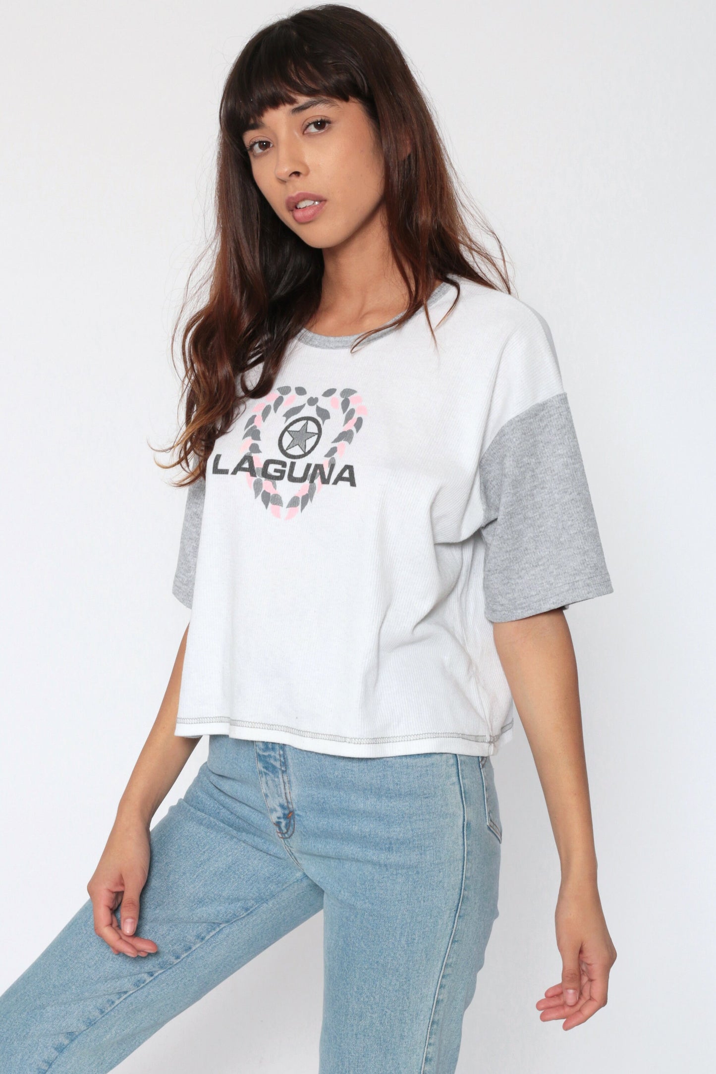 80s Laguna Colour Block Crop Top Grey White T-Shirt Medium