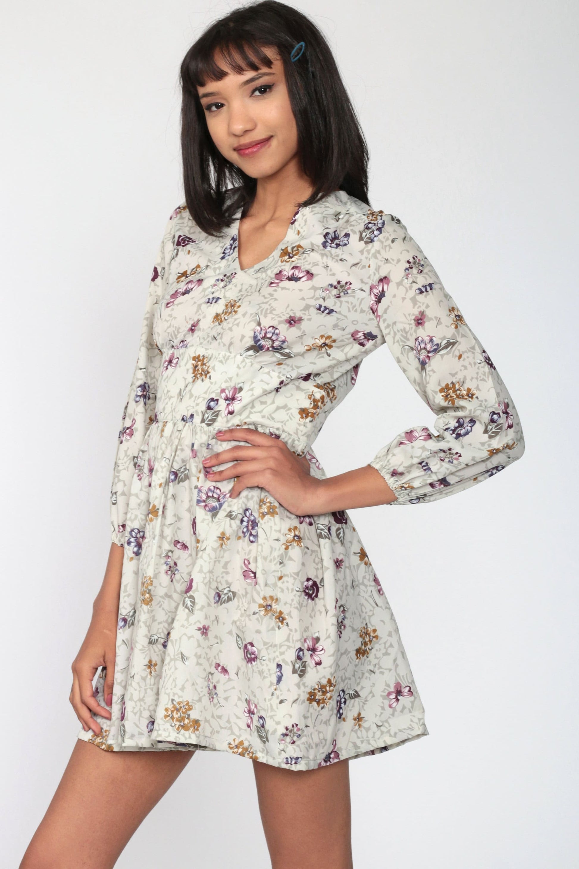 70s Floral Empire Waist Mini Dress Grey V-Neck Long Sleeve Small