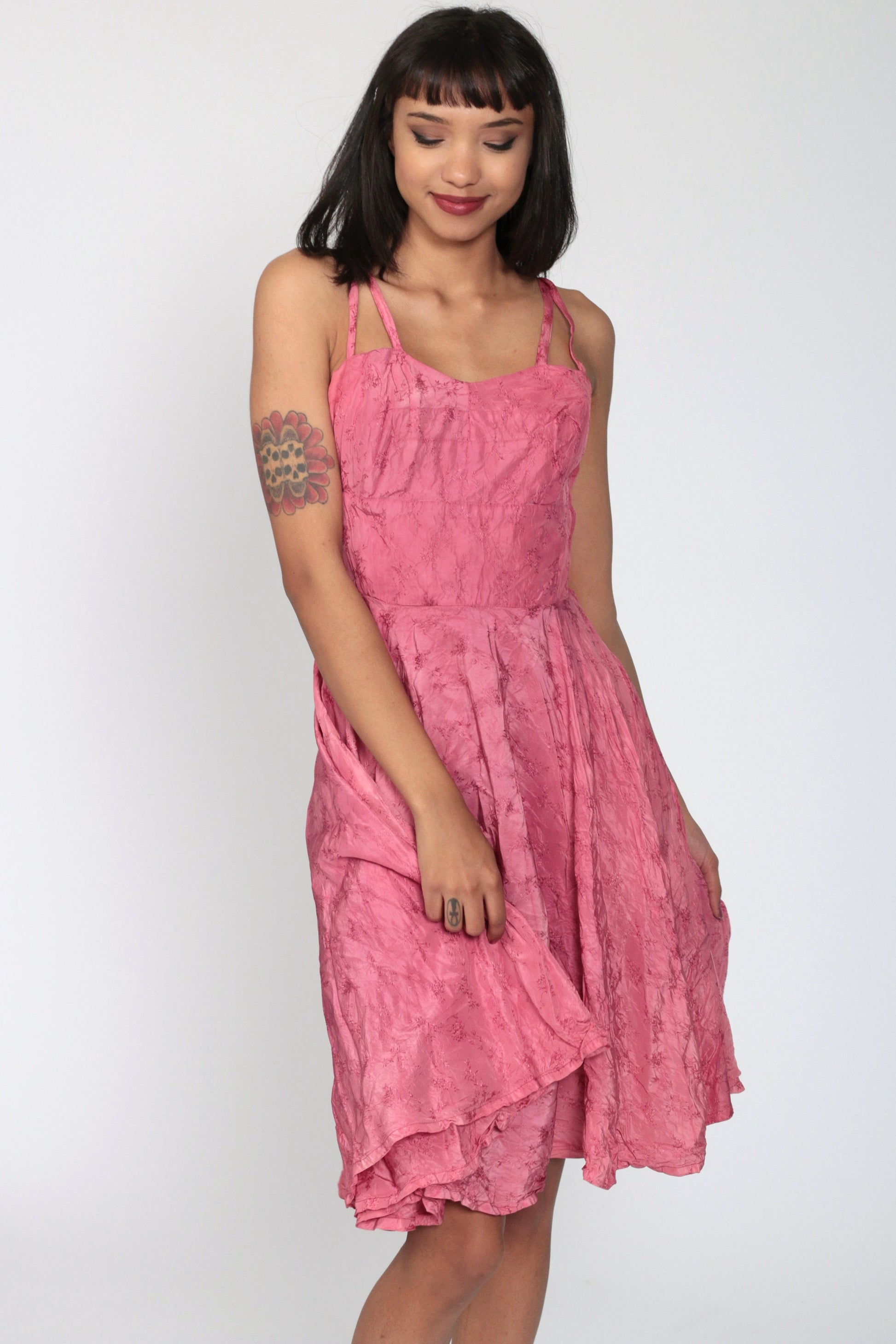 1950s Pink Floral Embroidered Midi Dress Spaghetti Strap High Waist Extra Small