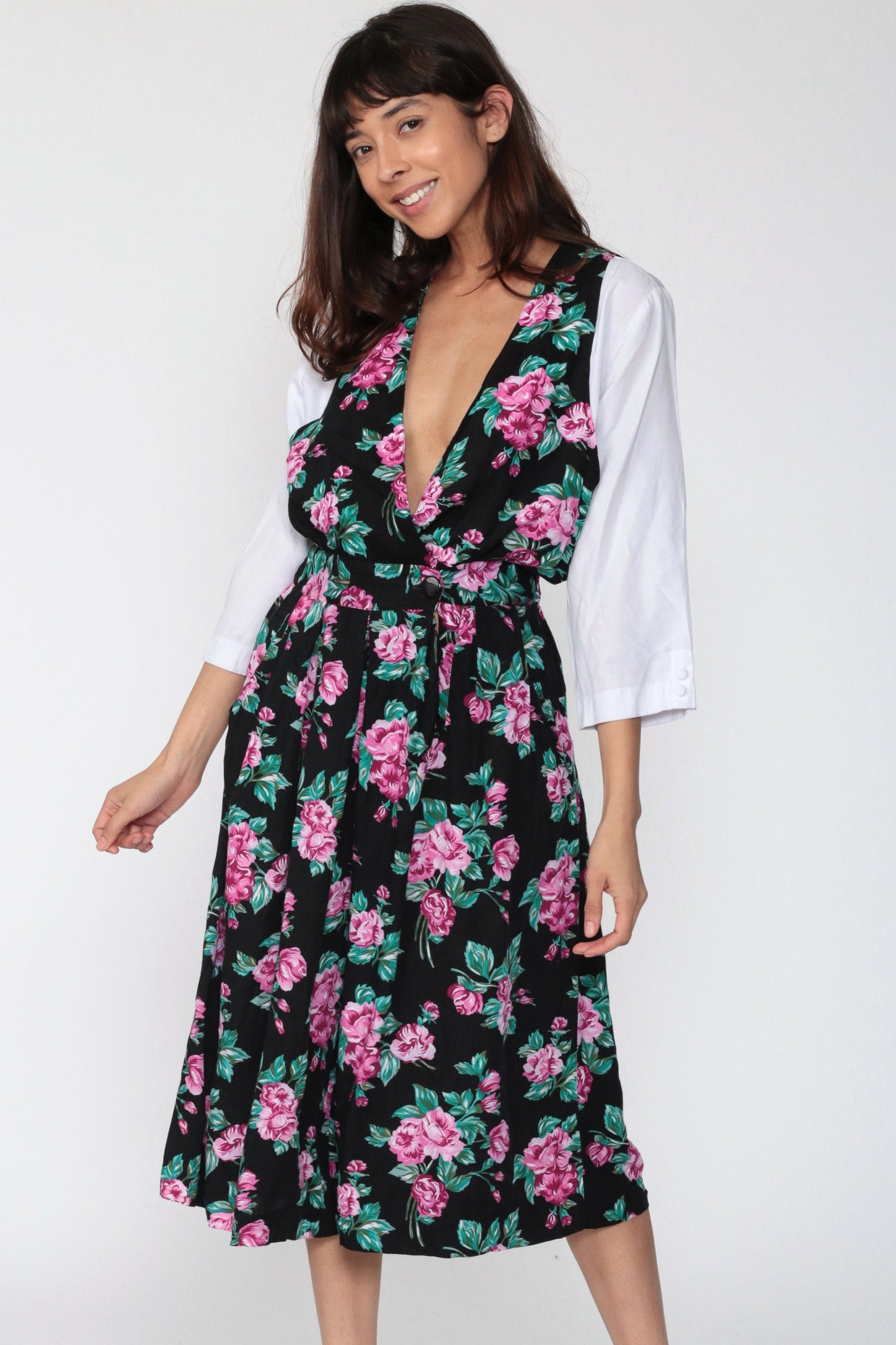 90s Floral Deep V Jumpsuit Wide Leg High Waist Black Small