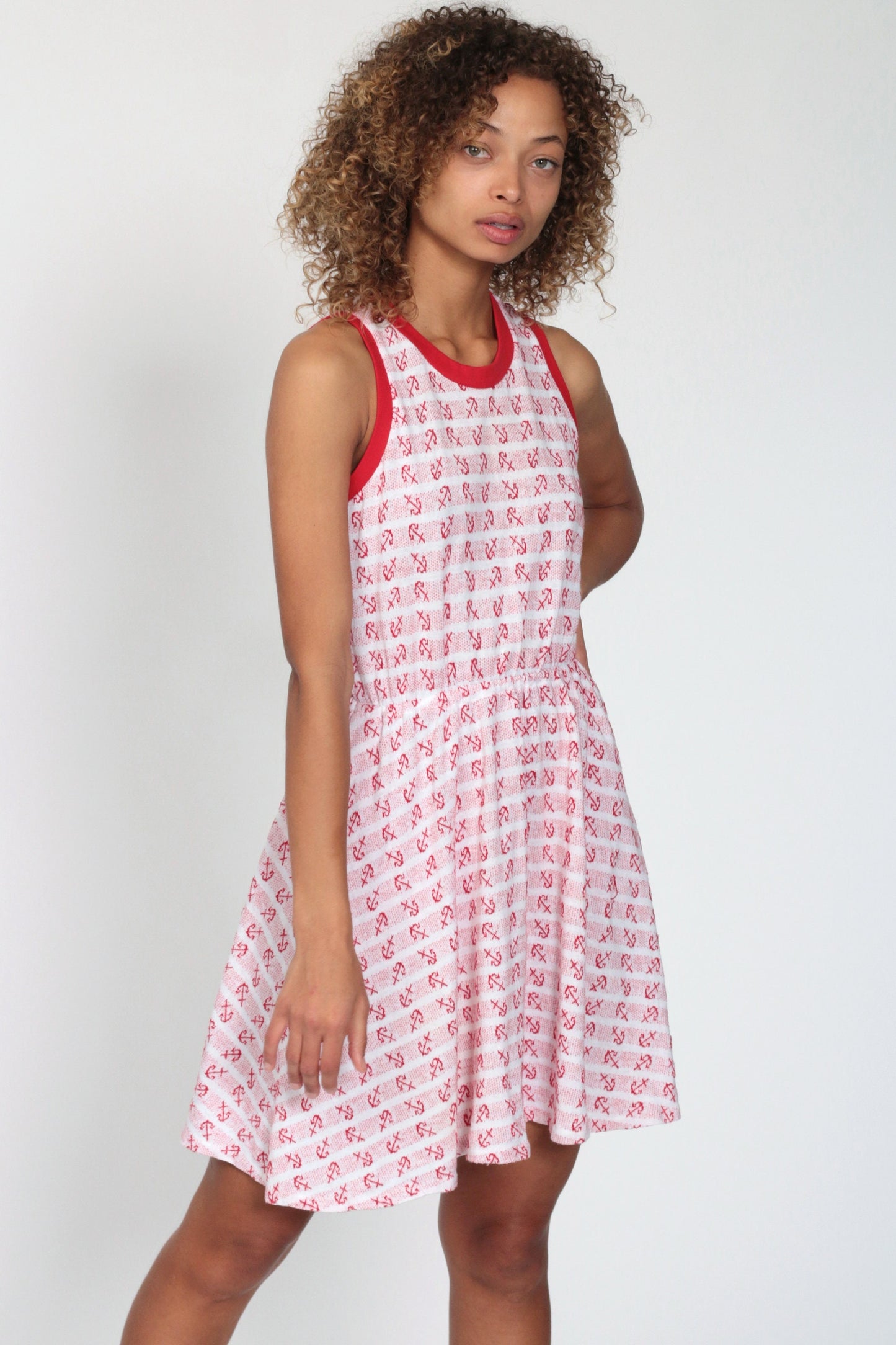 70s Nautical Anchor Mini Dress High Waist Ringer Red White Small