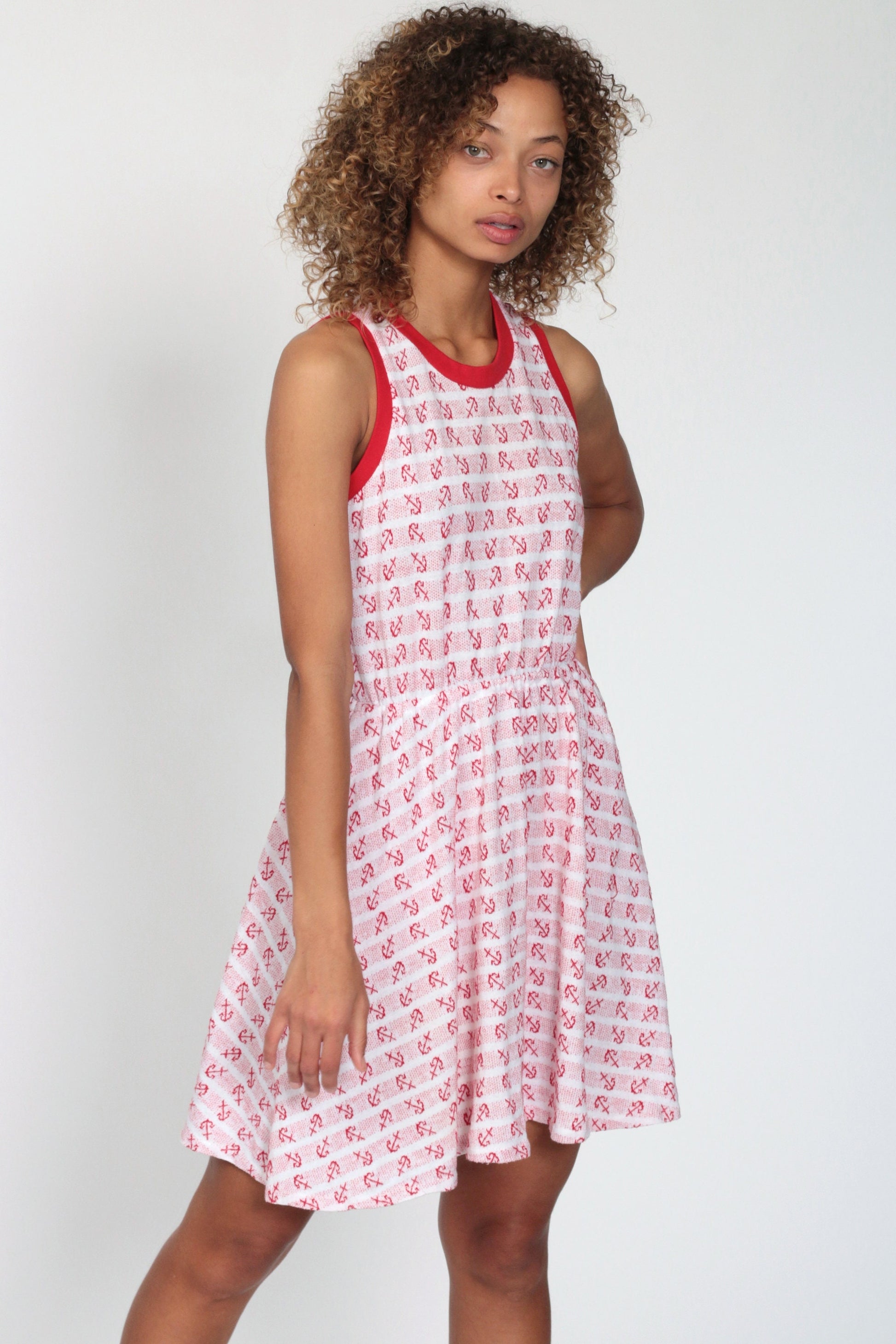 70s Nautical Anchor Mini Dress High Waist Ringer Red White Small