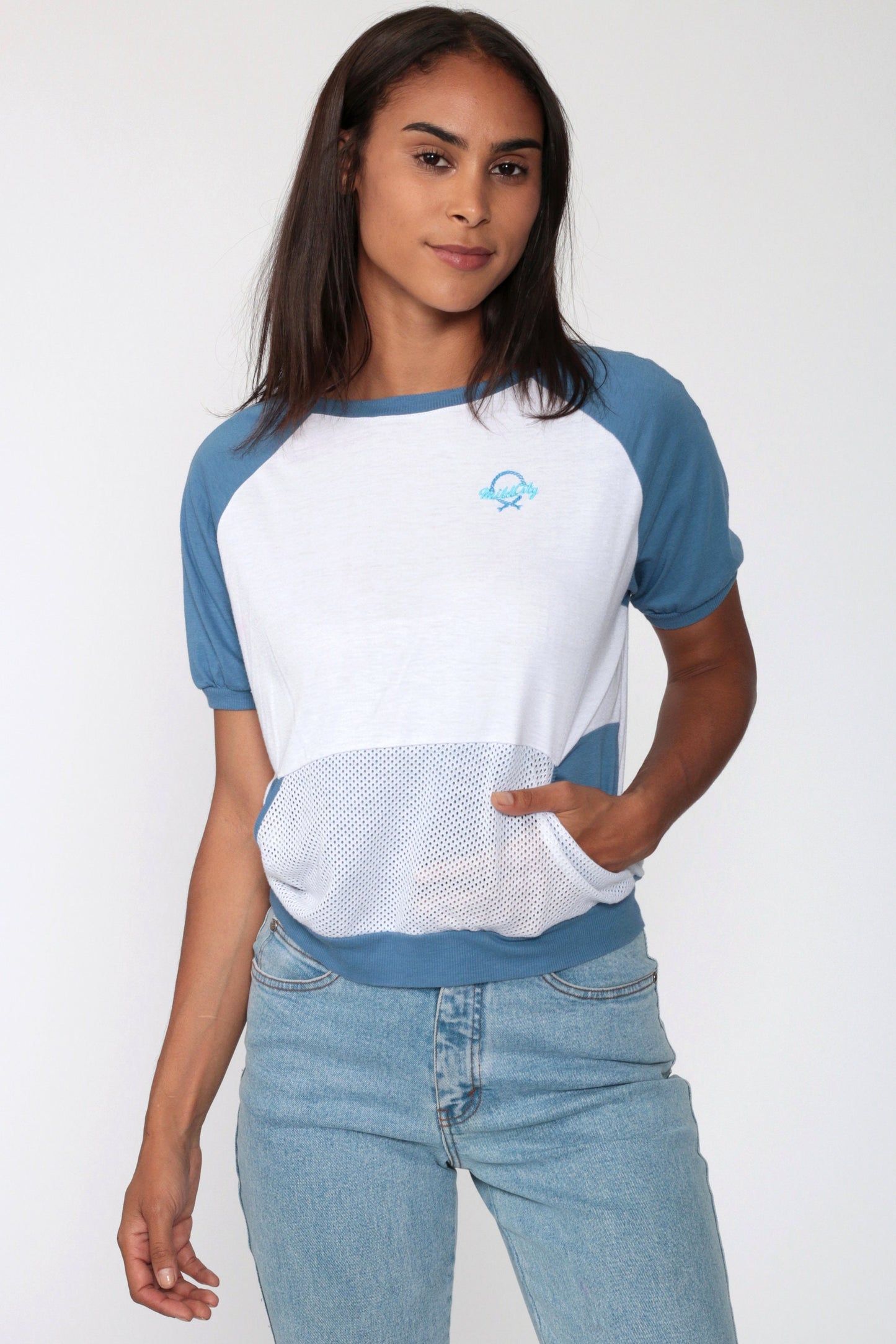 80s Mild City Raglan T-Shirt Mesh Pocket Blue White Small