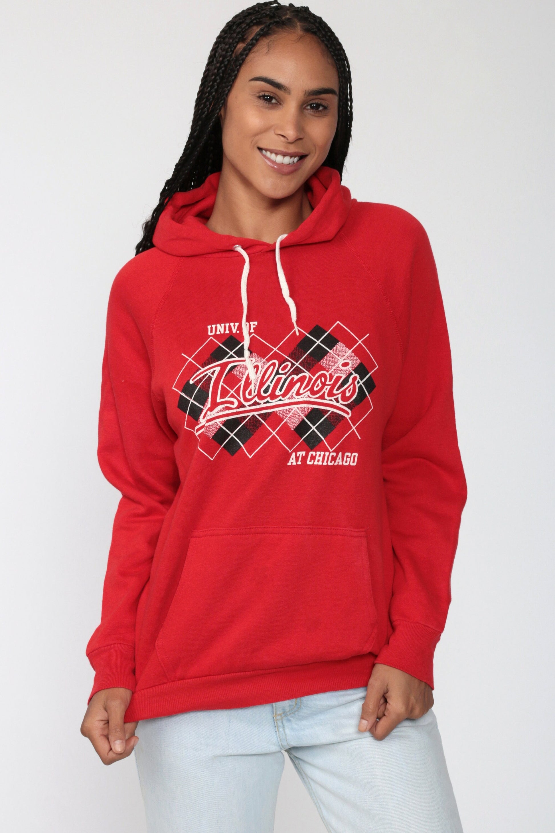 90s University of Chicago Hooded Sweatshirt Red Kangaroo Pocket Small