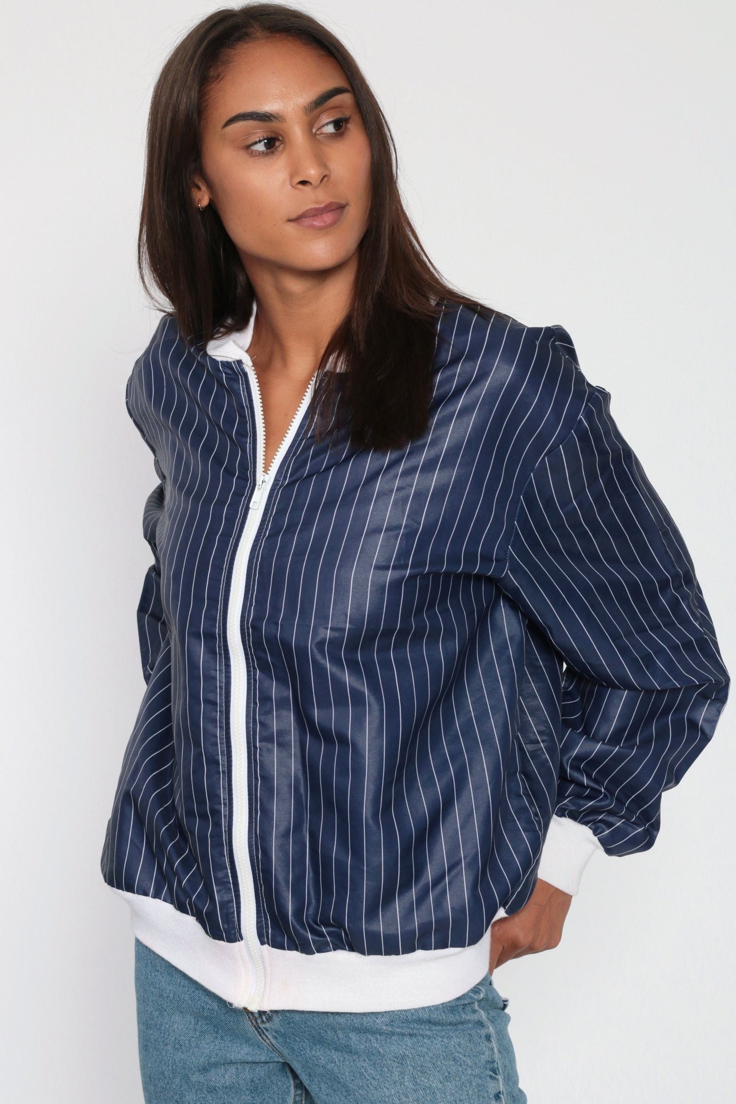 80s Pierre Cardin Striped Bomber Jacket Blue White Nylon Windbreaker Medium Large