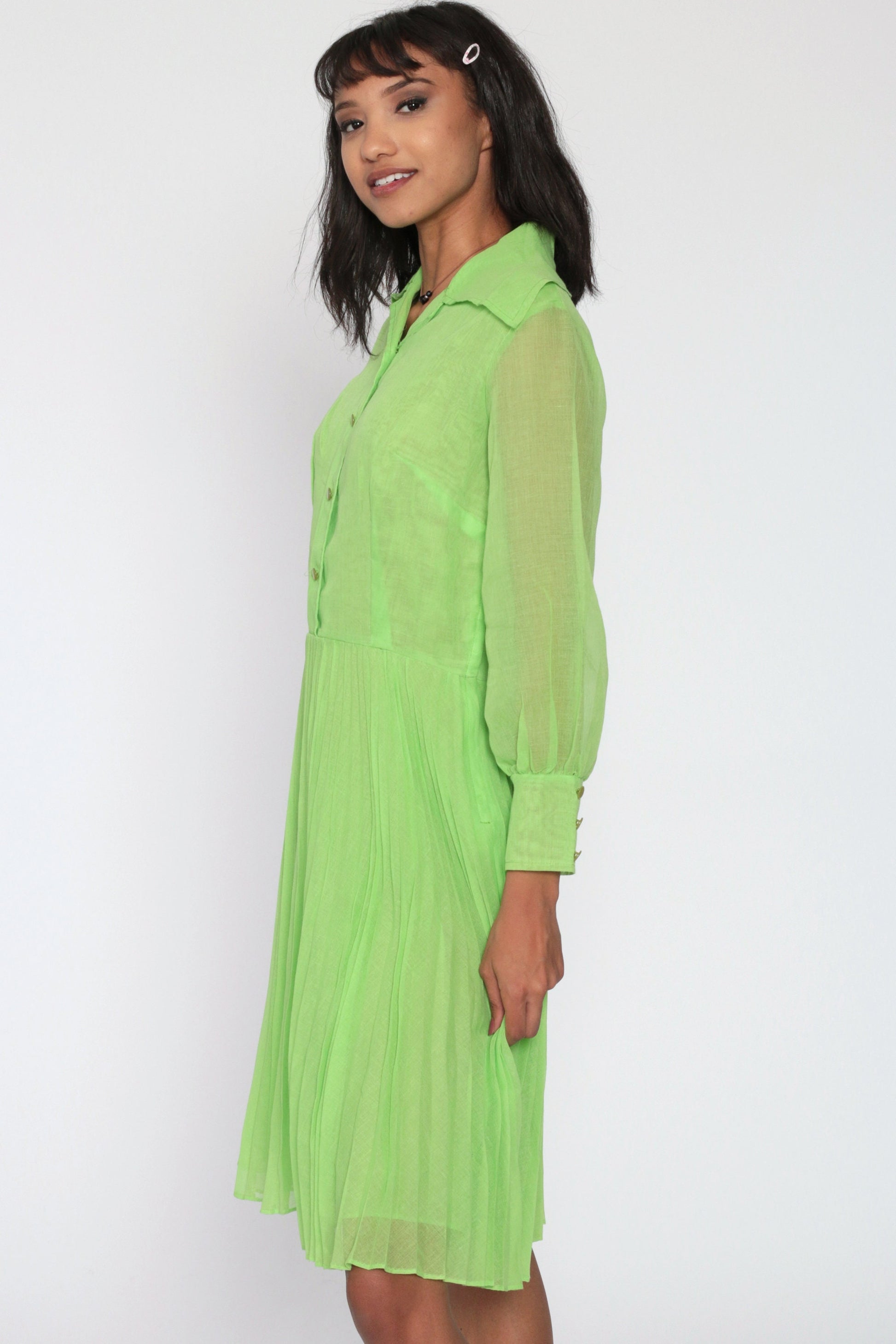 70s Green Sheer Button-Up Dress Pleated High-Waisted Long Sleeve Small