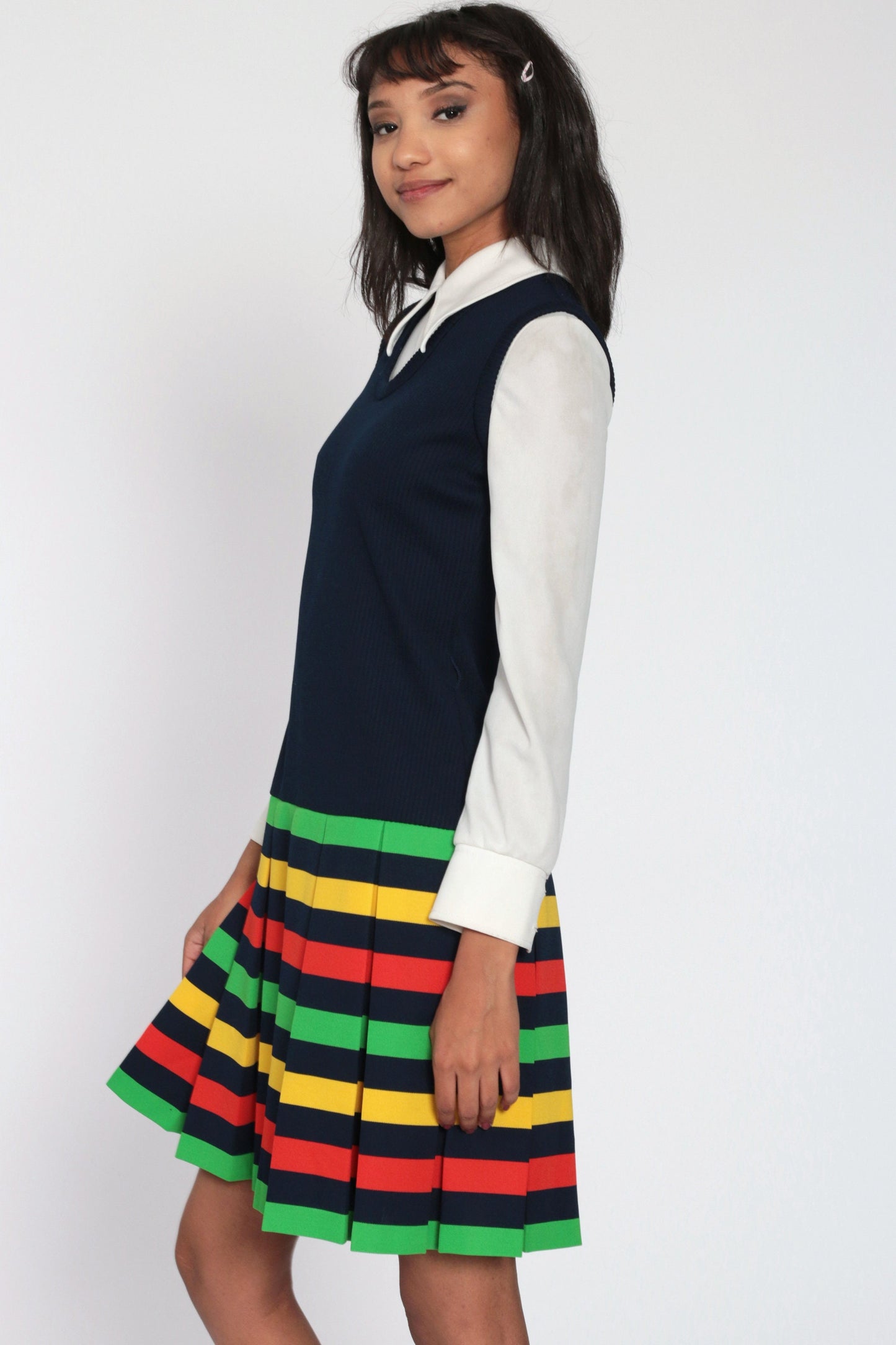 60s Mod Shift Dress Blue Striped Pleated Drop Waist Mini Small