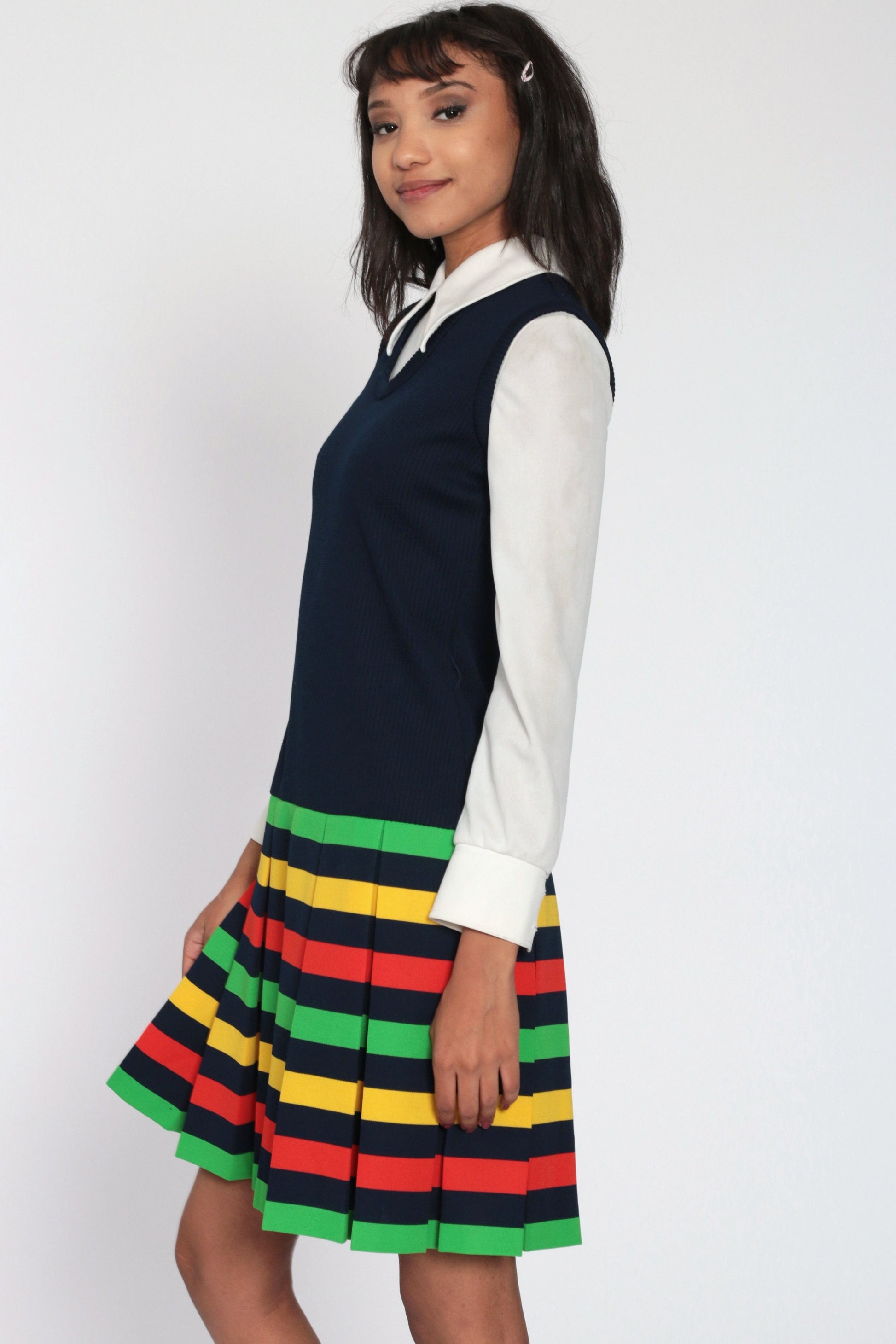 60s Mod Shift Dress Blue Striped Pleated Drop Waist Mini Small