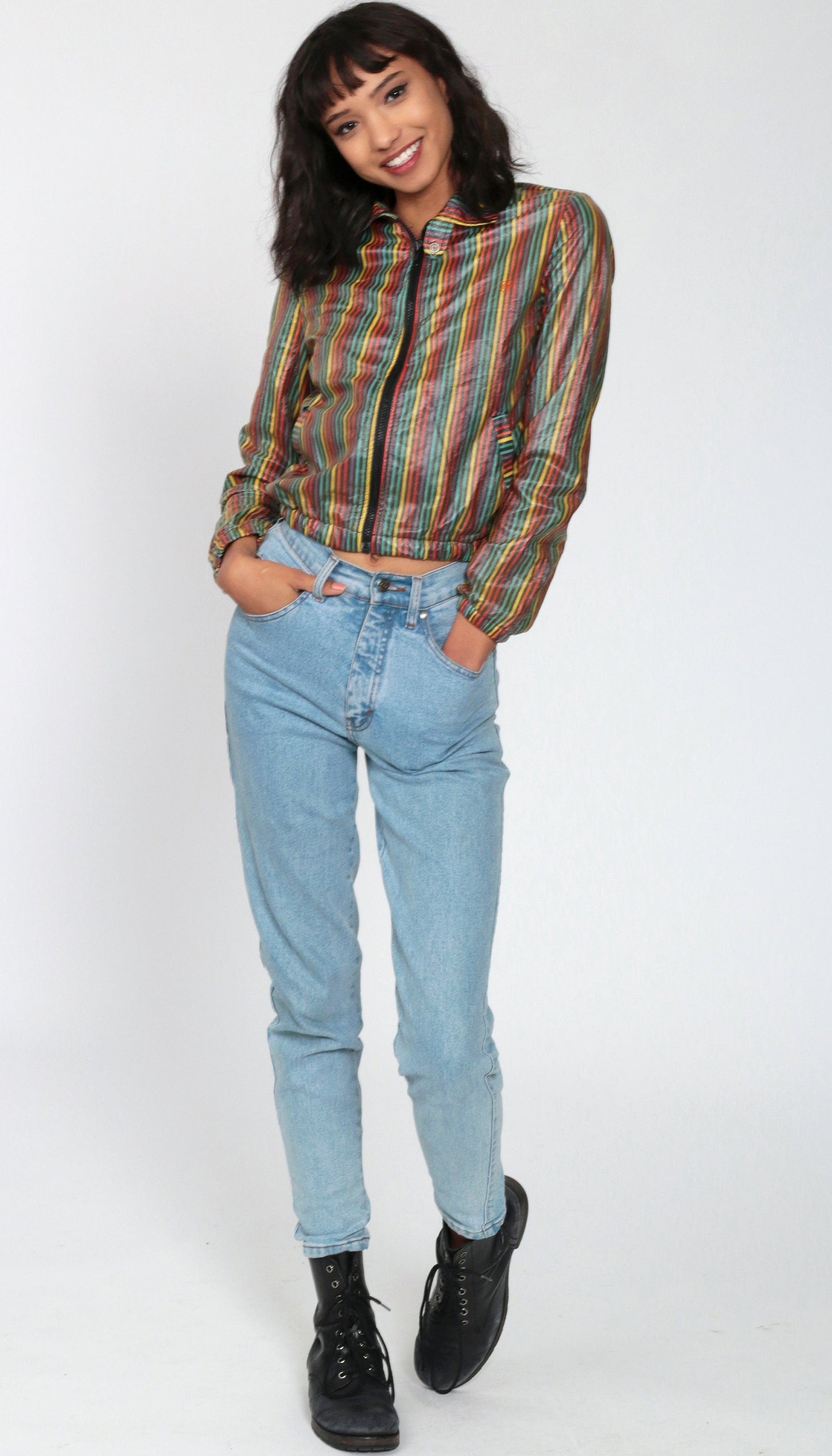 90s Rainbow Striped Cropped Windbreaker Jacket Black Zip-Up Extra Small XS