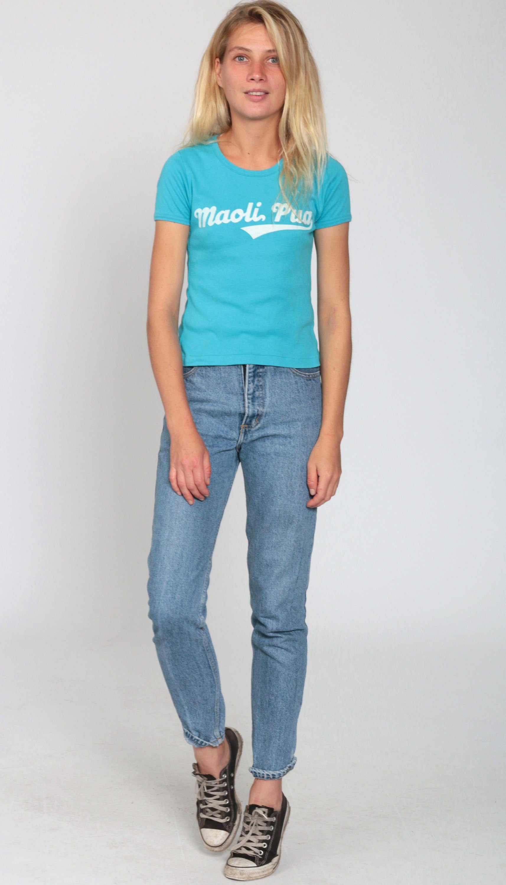 1970s Maoli Pua Hawaiian Graphic Baby Tee Blue Cap Sleeve Small