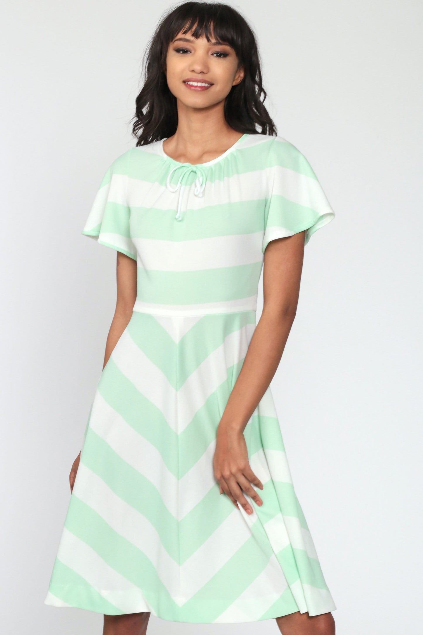 70s Chevron Stripe Midi Dress Green White Flutter Sleeve High Waist Extra Small