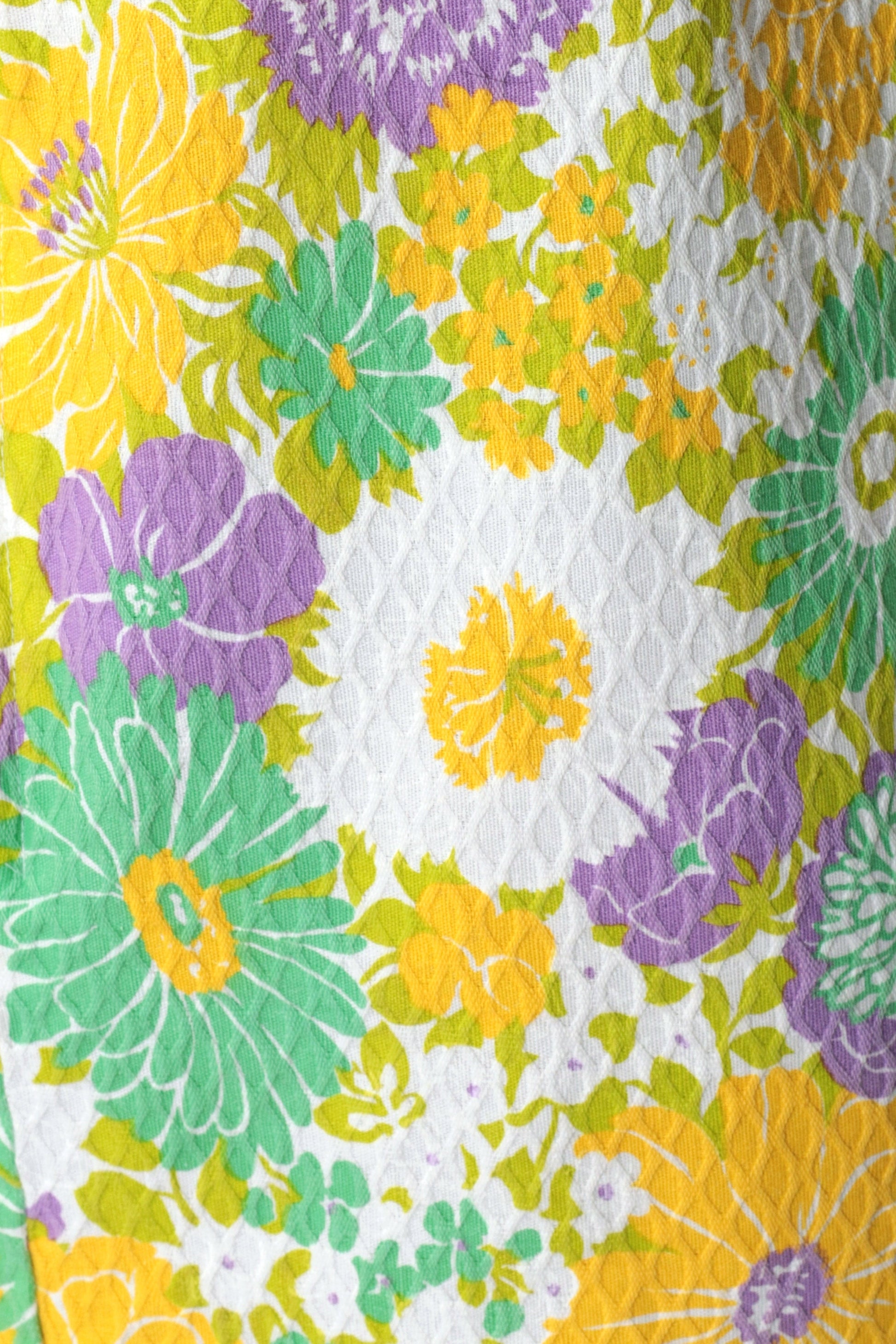70s Floral Mini Shift Dress Yellow Green Psychedelic Front Zip Sleeveless Small