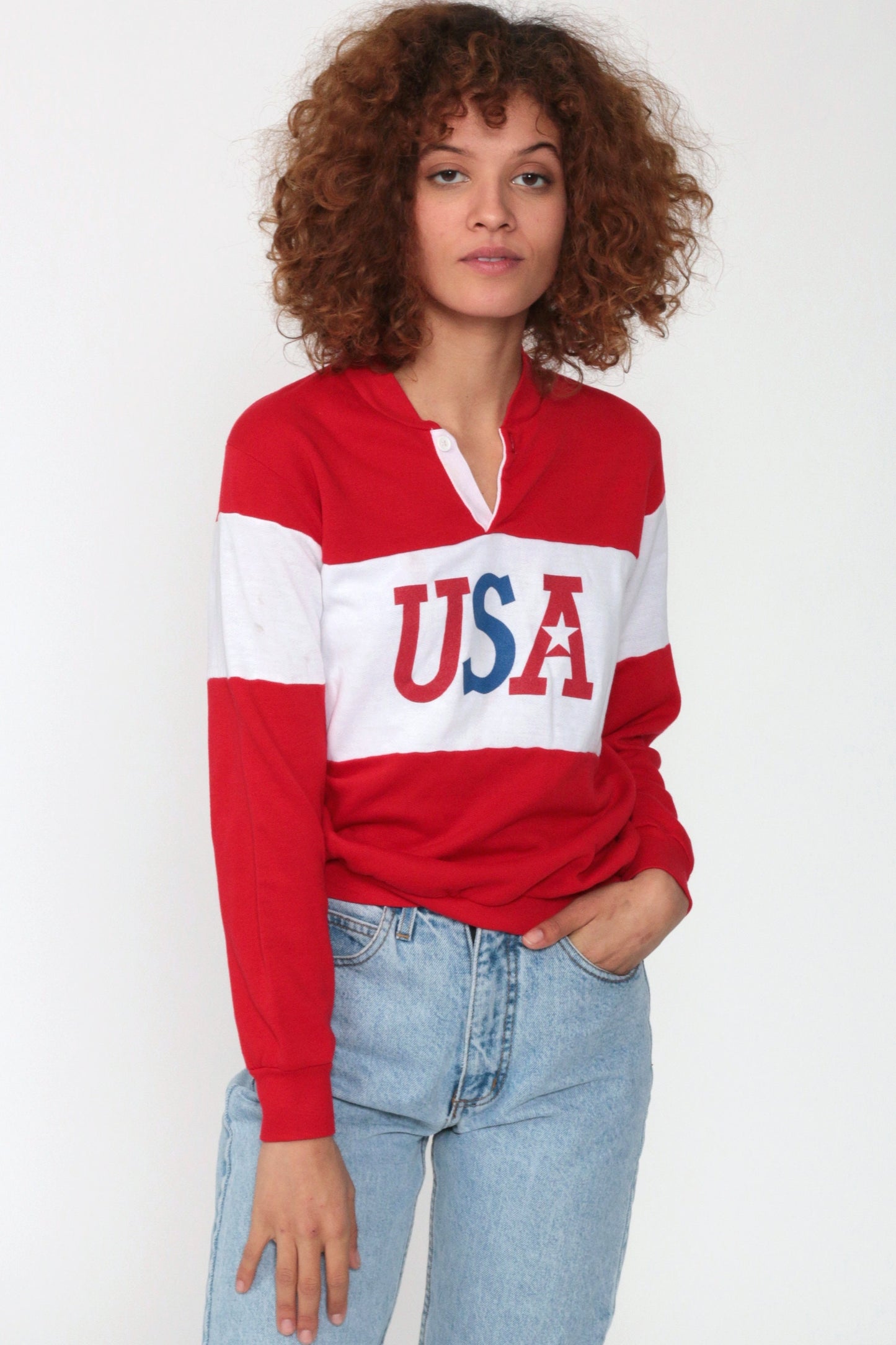 80s USA Patriotic Graphic Sweatshirt Red Polo Buttons Extra Small