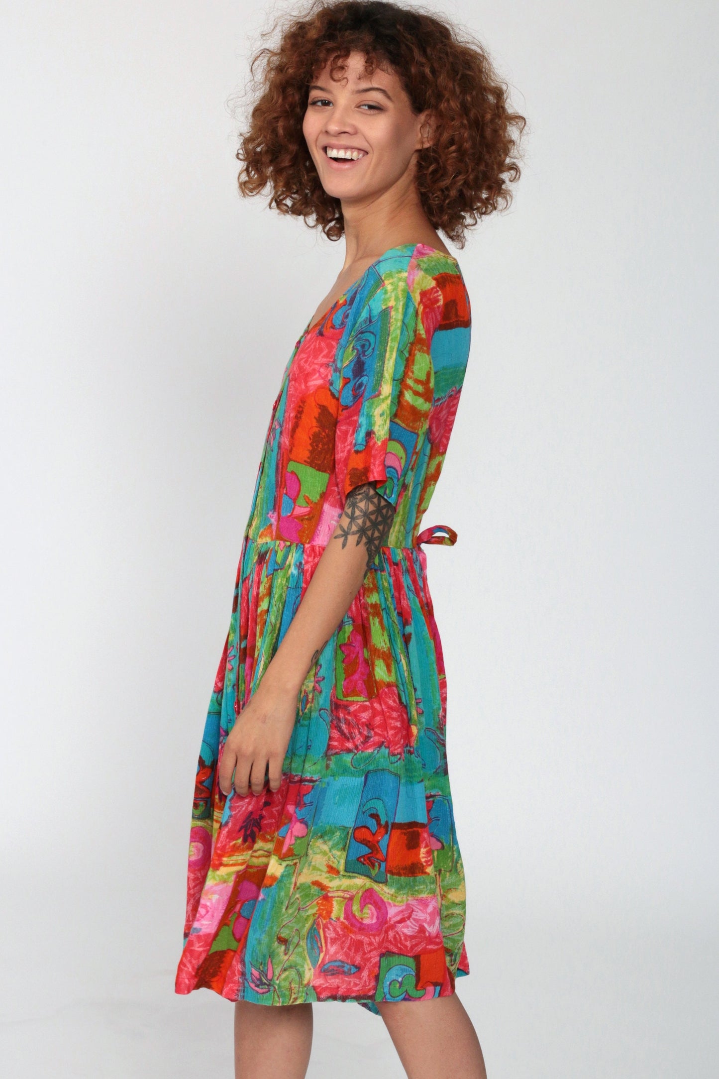 90s Phool Floral Button-Up Dress Multicolour High-Waisted Knee-Length Small