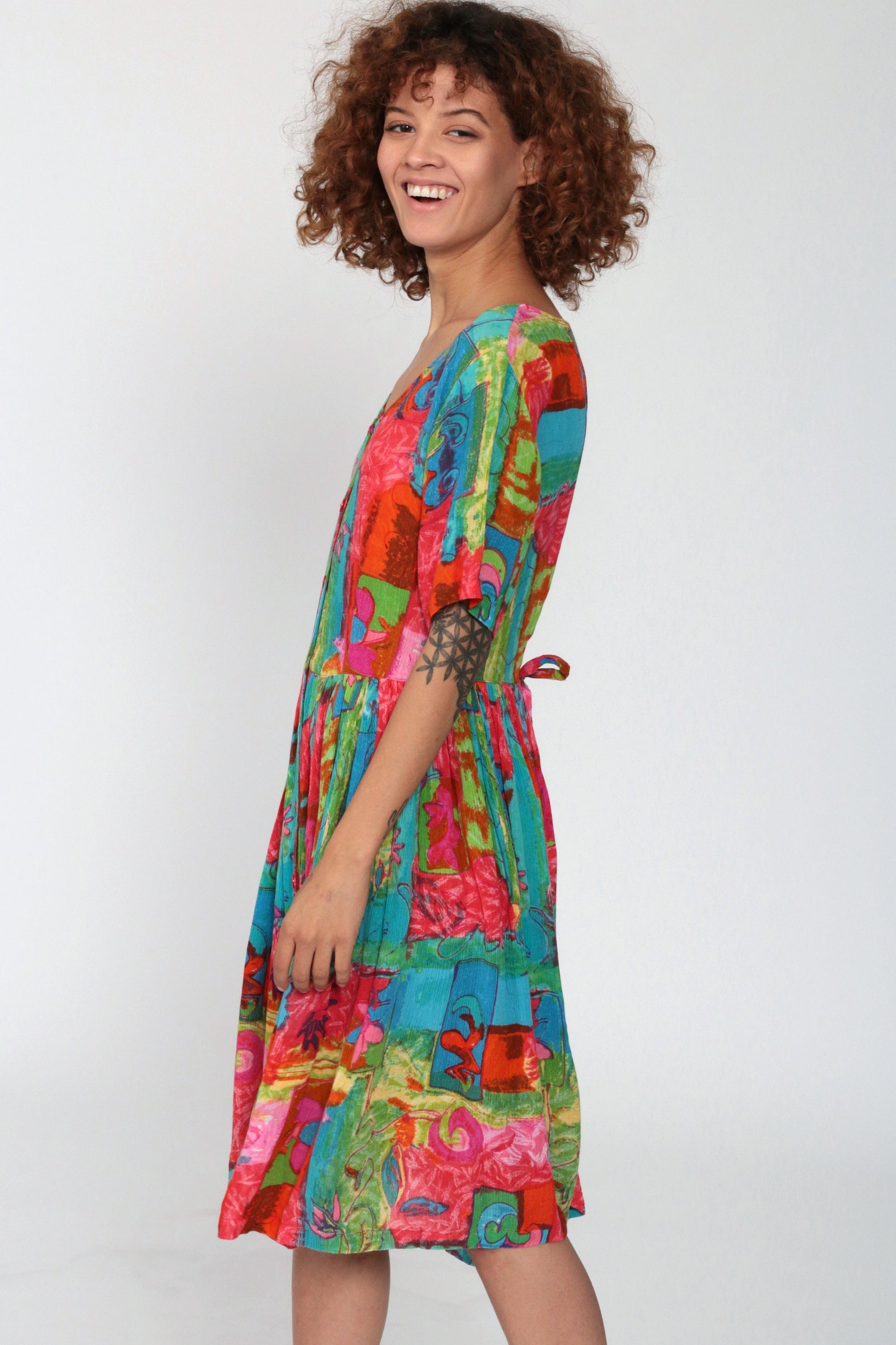 90s Phool Floral Button-Up Dress Multicolour High-Waisted Knee-Length Small