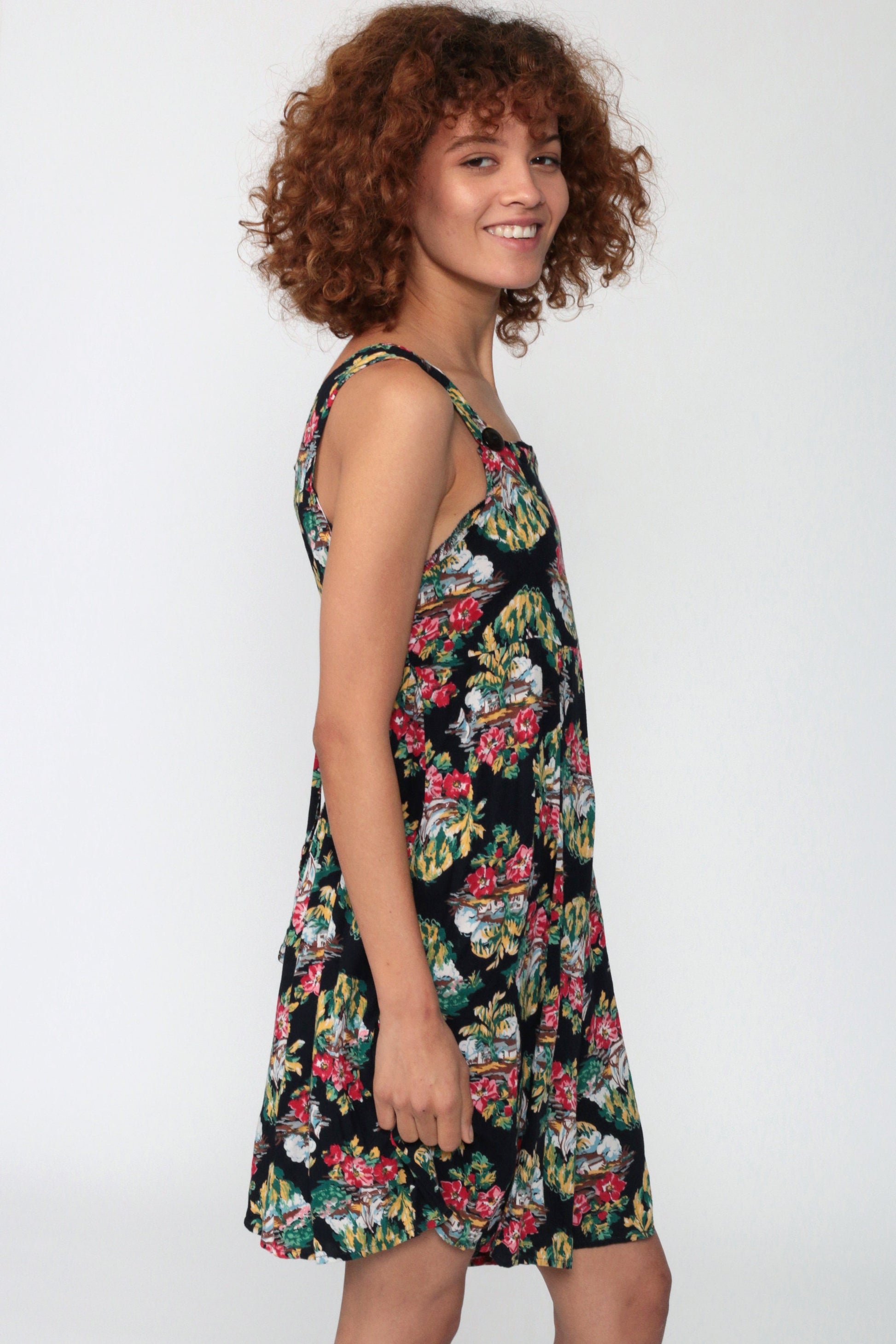90s Tropical Floral Black Romper Sleeveless Wide Leg Playsuit Extra Small