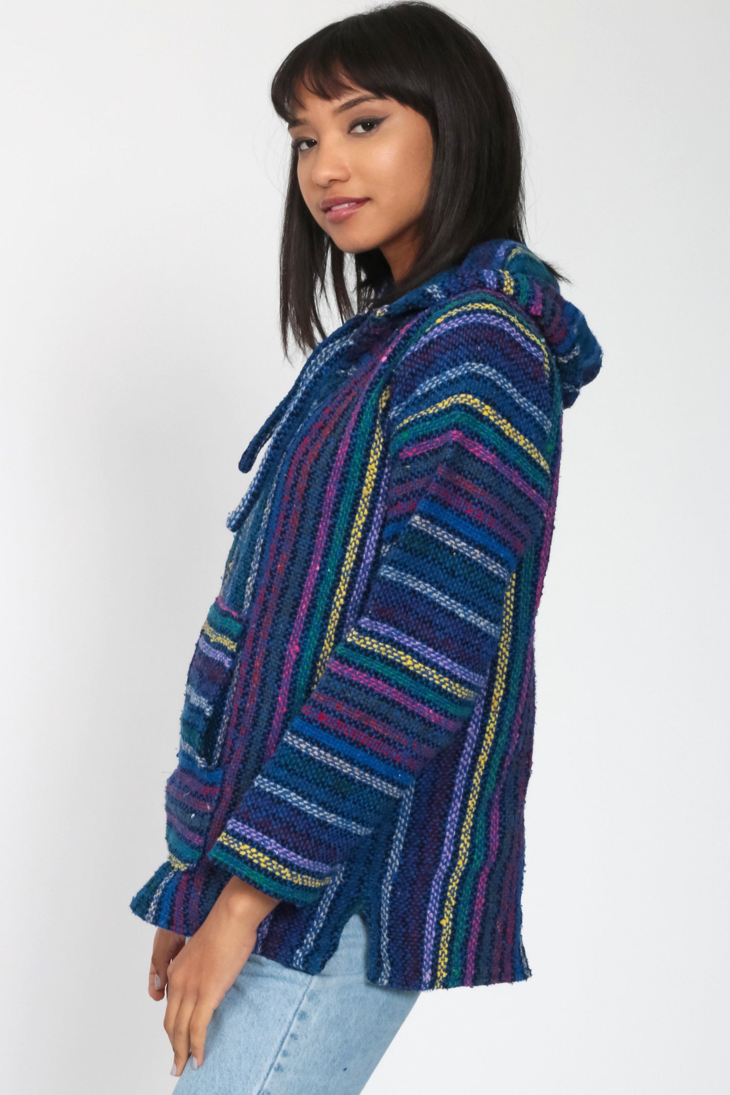 90s Neon Rainbow Mexican Drug Rug Baja Hoodie Blue Kangaroo Pocket Medium