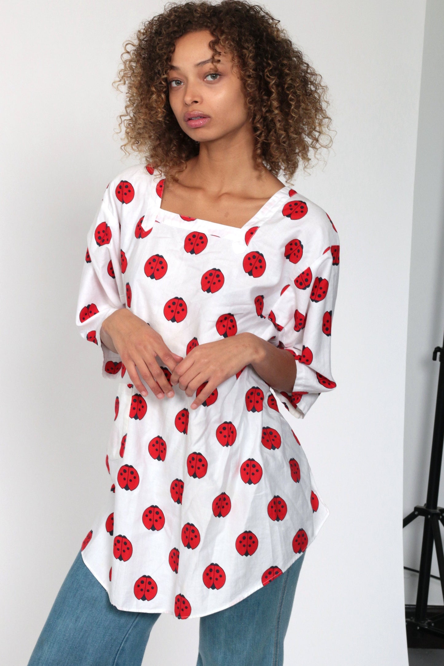 70s Ladybug Print Tunic Blouse Open Back 3/4 Sleeve Extra Small