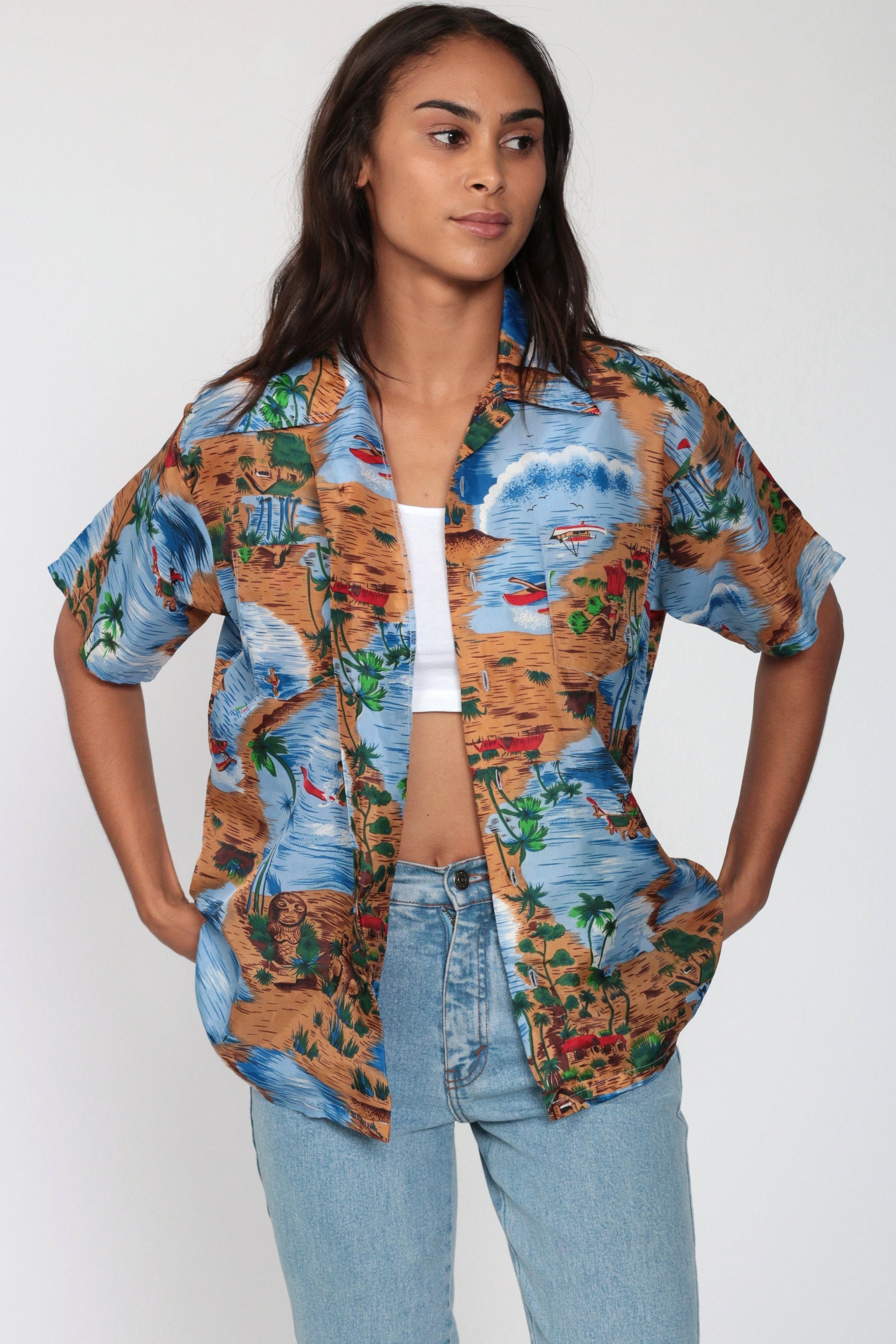 90s Hawaiian Shirt Surfer Ocean Print Button Up Sea Blue Medium