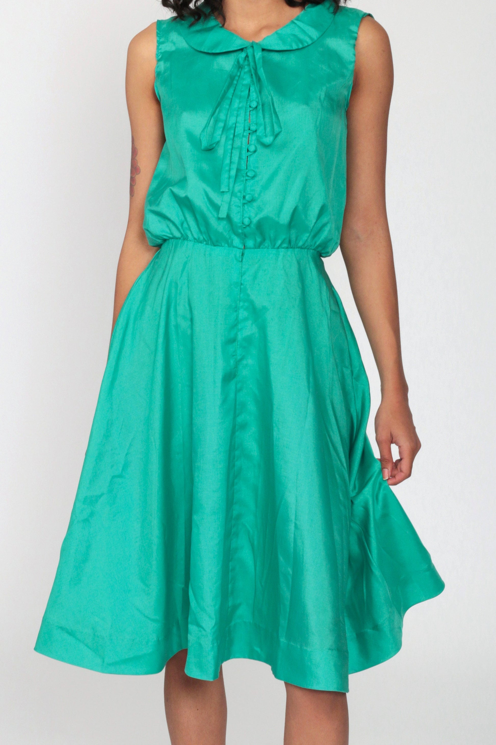 70s Green Midi Dress Peter Pan Collar High Waist Button Front Extra Small