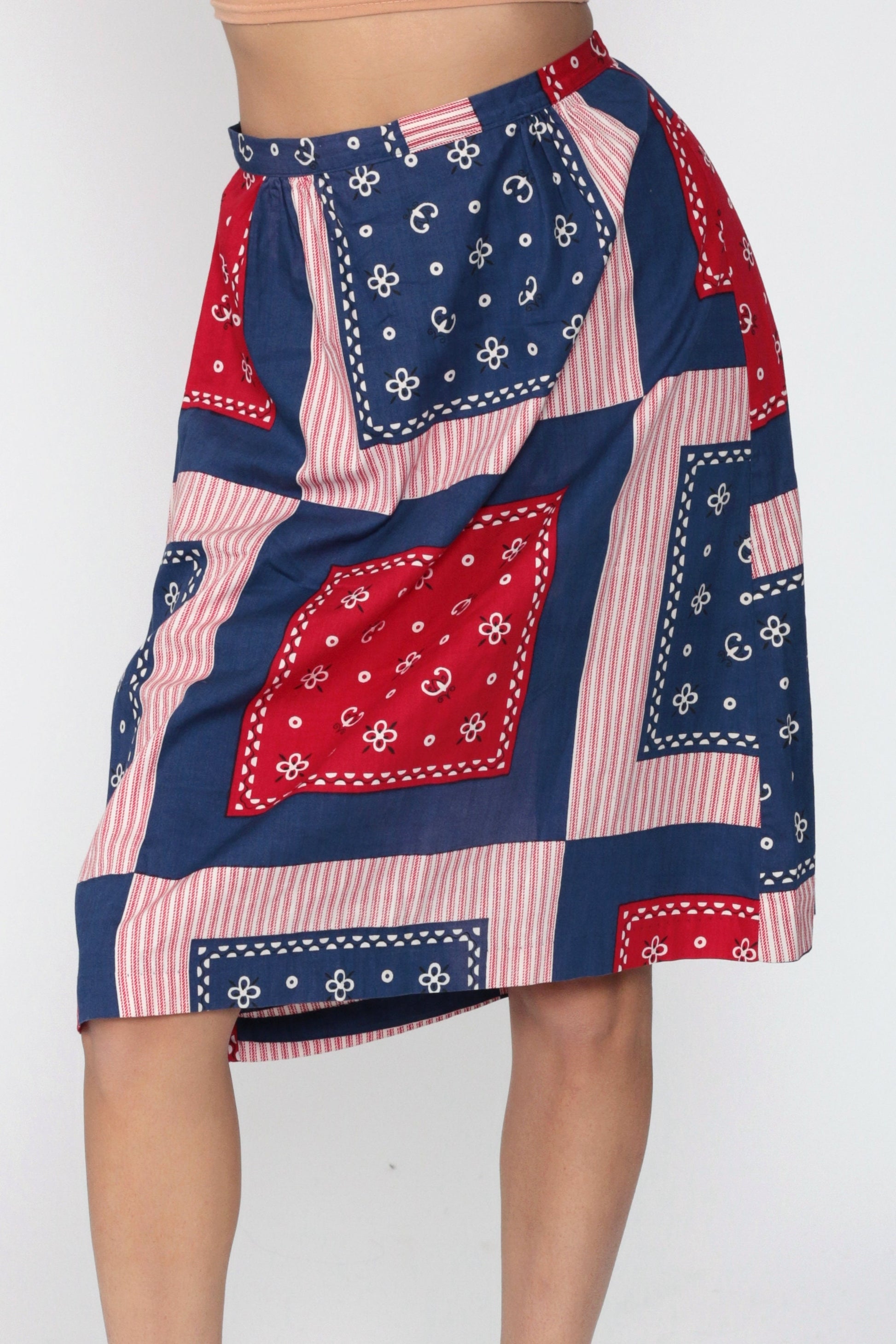 70s Scarf Print Midi Skirt High Waist Patchwork Red Blue Small