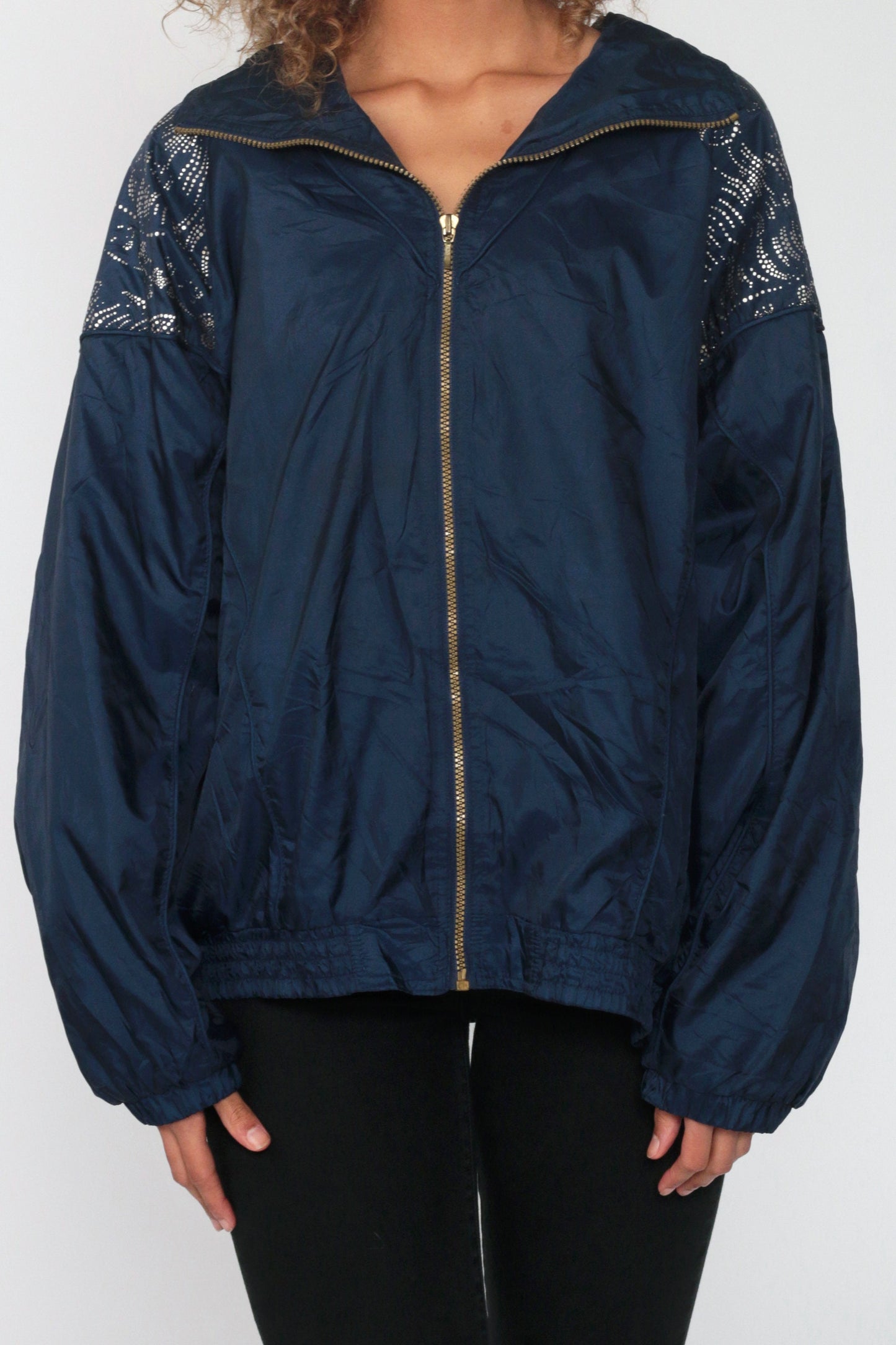90s Shiny Blue Nylon Windbreaker Jacket Metallic Trim Plus Size XXL