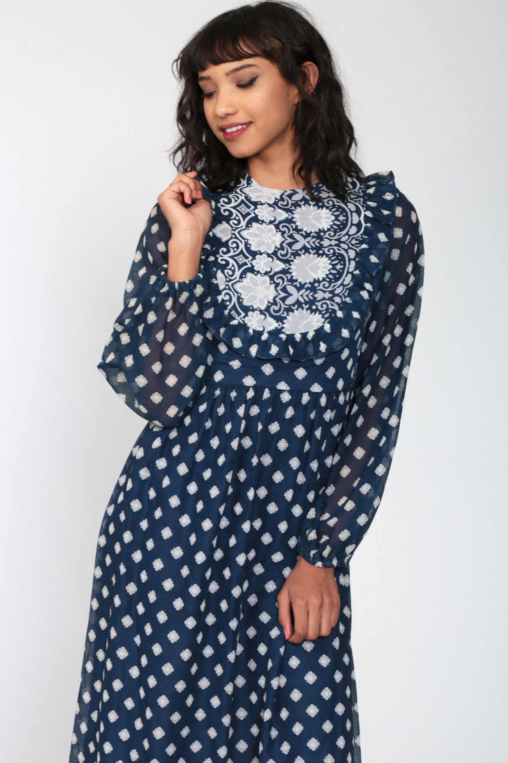 70s Navy Floral Maxi Dress Ruffled Bib High Waist Sheer Sleeves Small