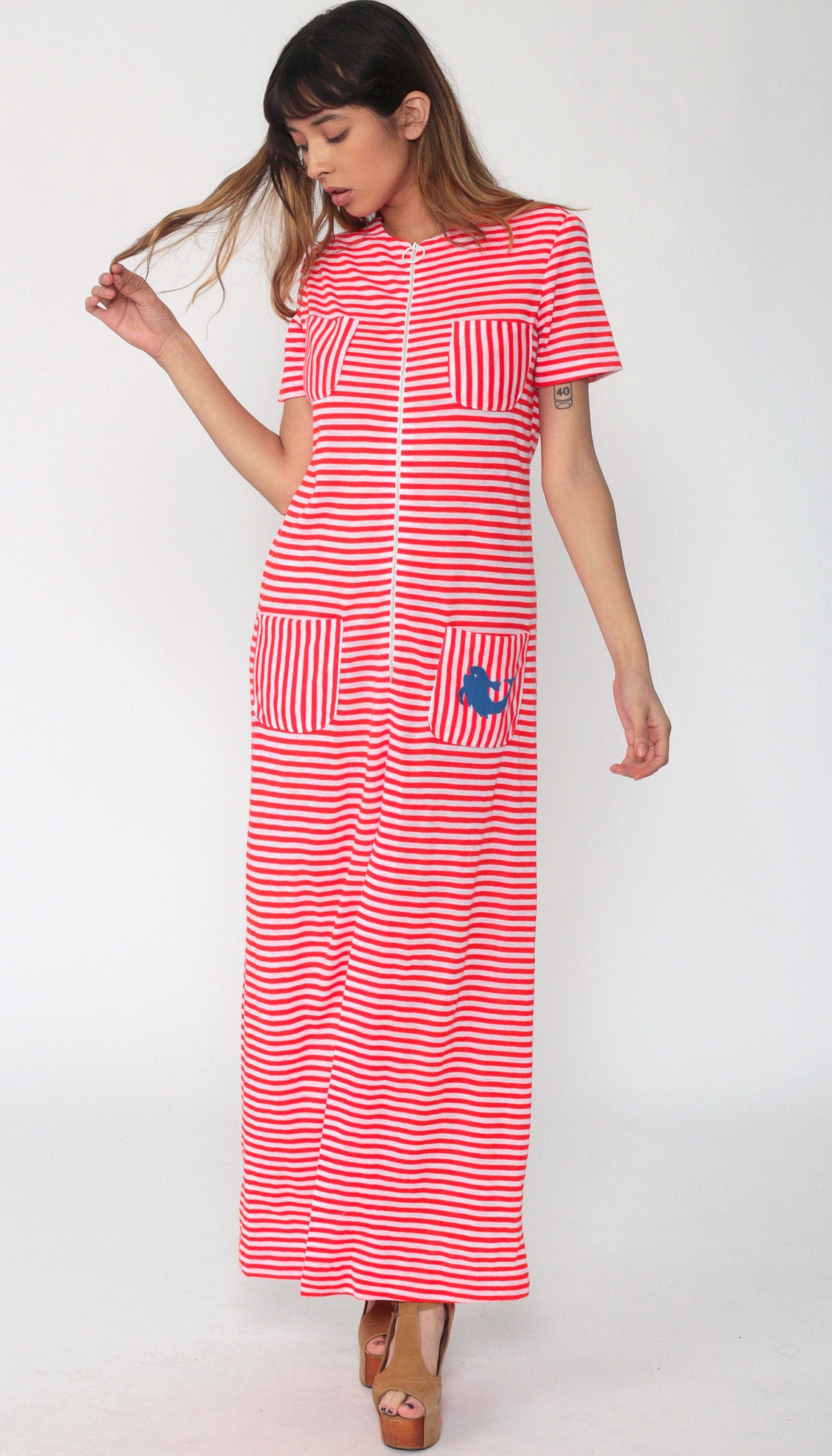 70s Red White Striped Maxi Dress Fish Pocket Front Zip Column Small Medium
