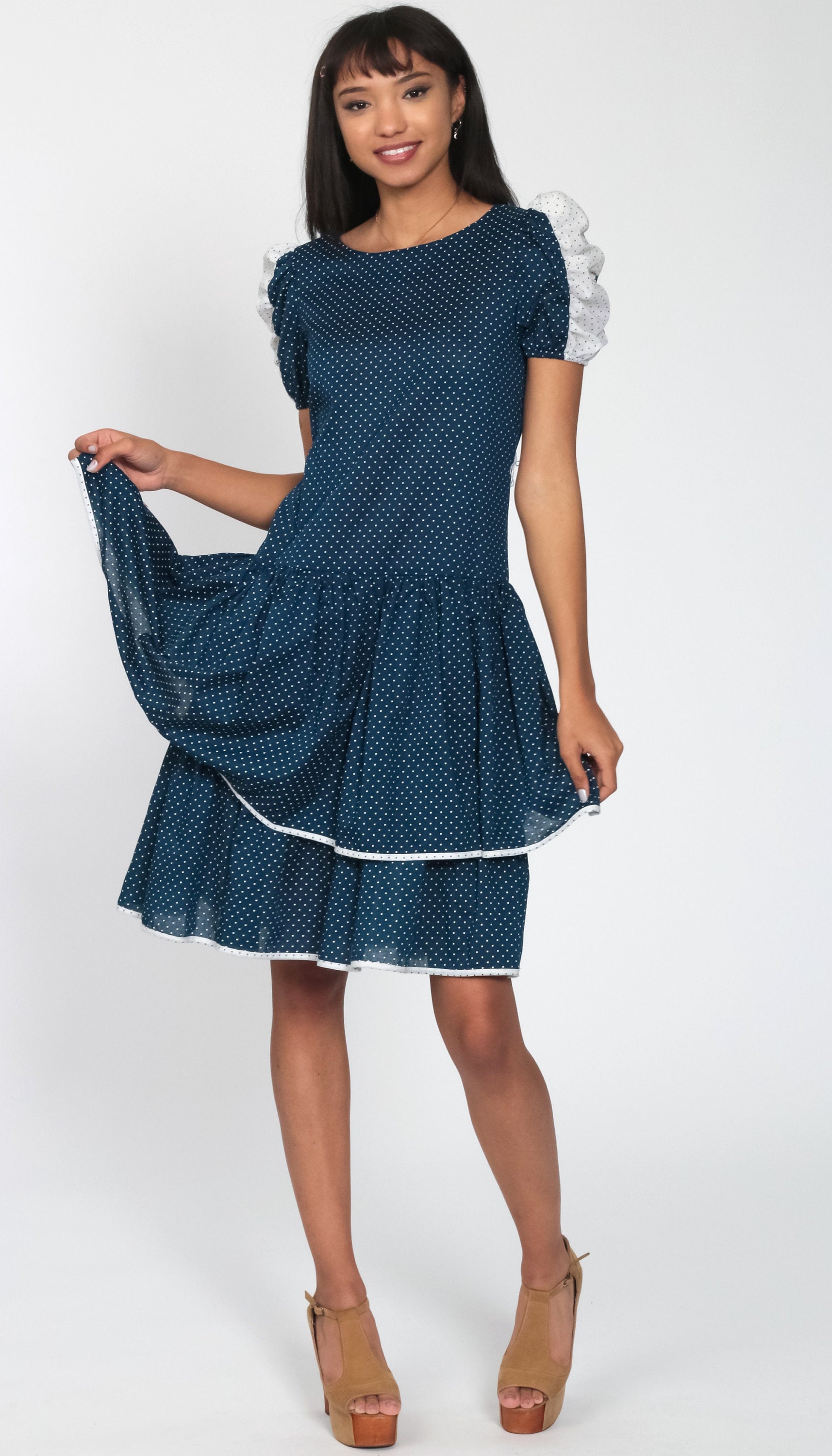 80s Blue Polka Dot Puff Sleeve Minidress Drop Waist Ruffled Small