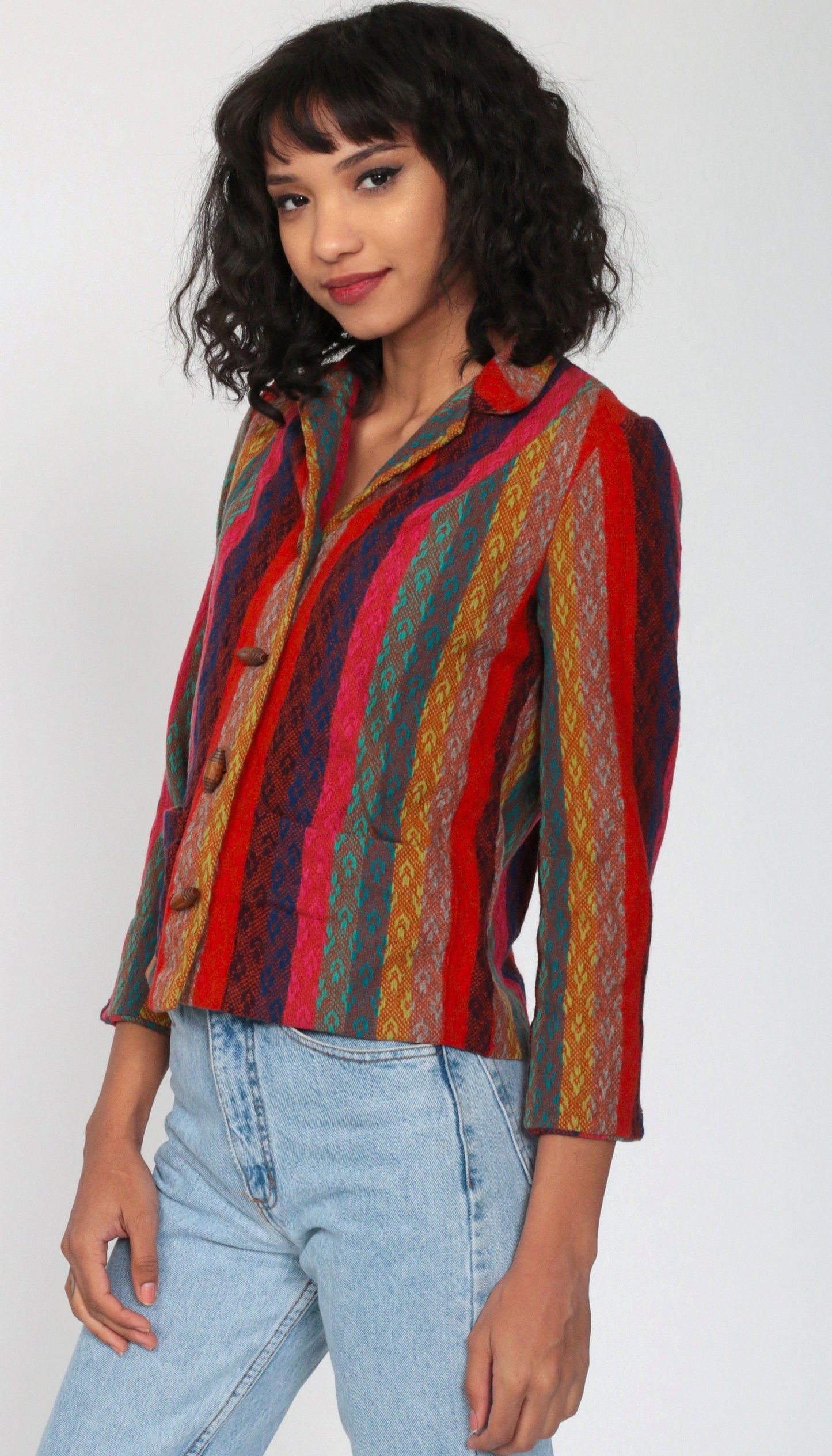 90s Striped Wool Blend Toggle Jacket Red Pink Blue Small