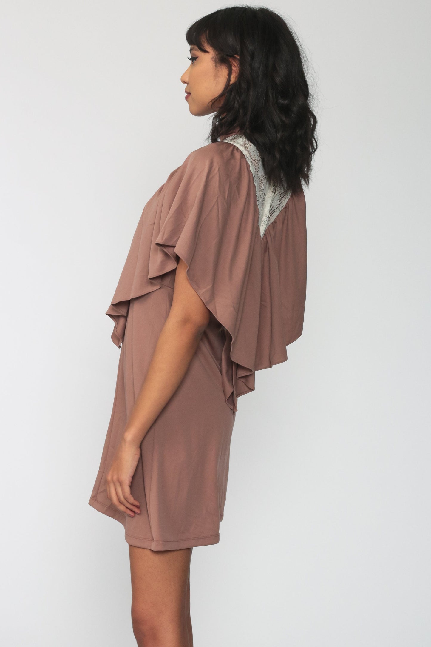 70s Lace Mini Dress with Draped Capelet Mocha High Neck Small