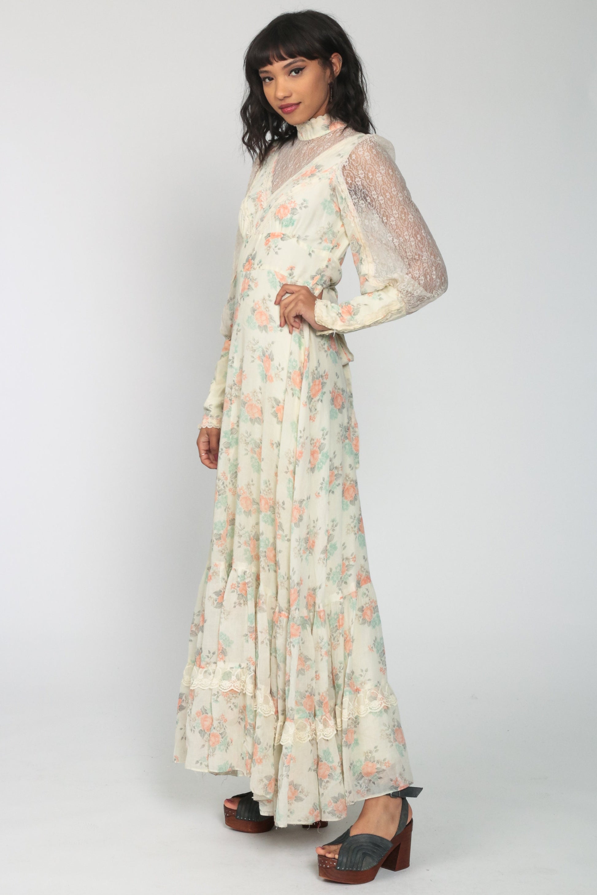 70s Gunne Sax Floral Maxi Dress Lace Sleeves Empire Waist Cream Small