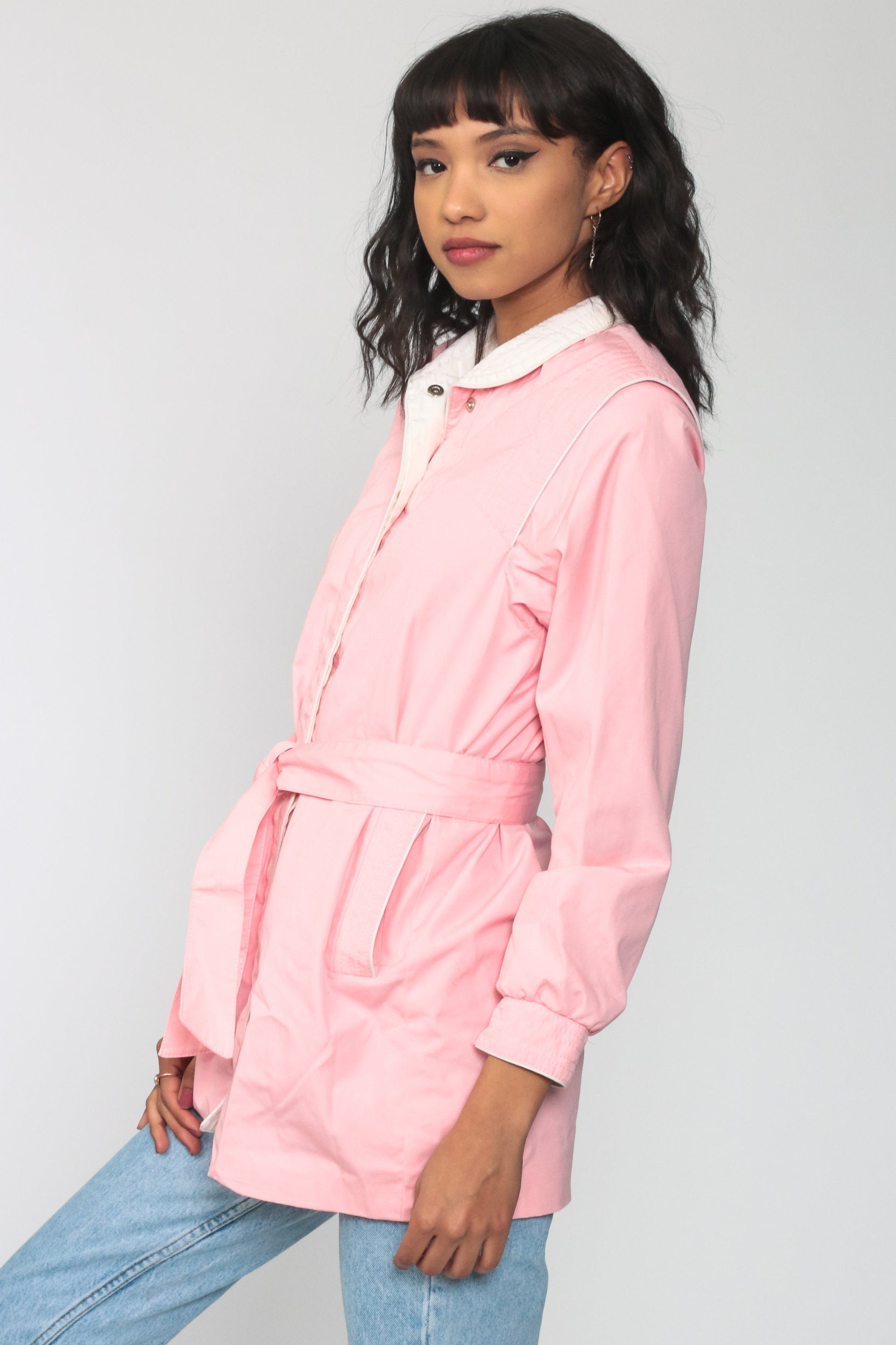 80s Baby Pink Hooded Windbreaker Jacket Belted Cotton Small