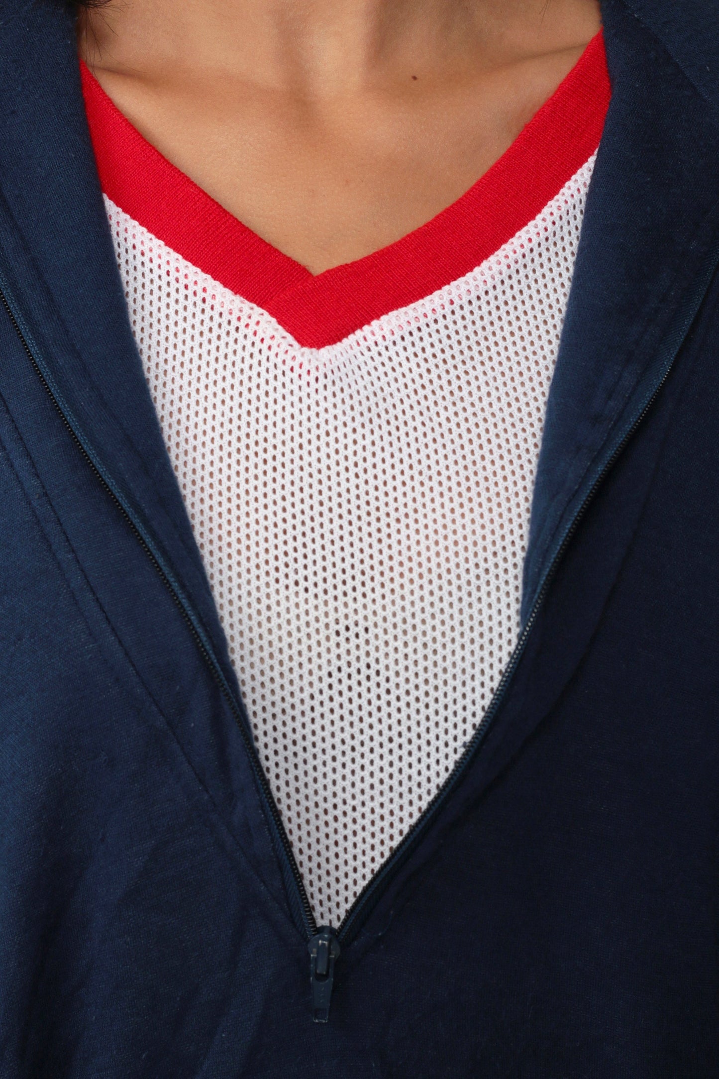 80s Half Zip Sweatshirt Attached Mesh Tank Navy Red White Ringer V-Neck Medium