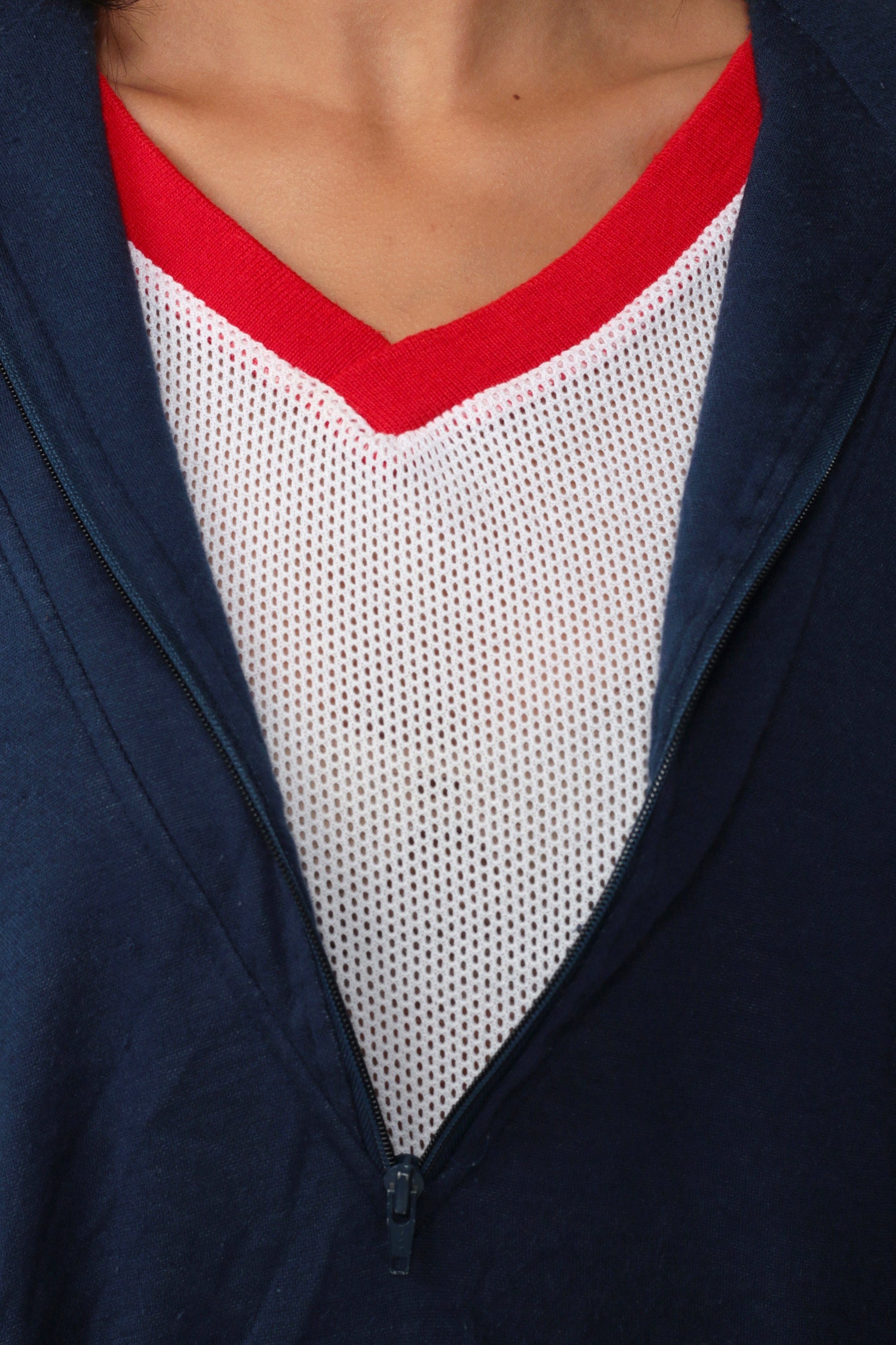 80s Half Zip Sweatshirt Attached Mesh Tank Navy Red White Ringer V-Neck Medium